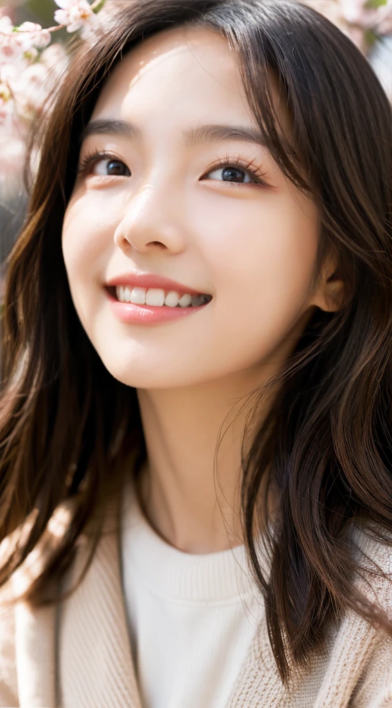 4K works , masterpiece , high-level image quality , magazine profile , everyday photos , Korean woman , realistic details , height 163cm , belt type one piece fashion , Women's fashion , Pretty Woman , Korean makeup , 30 years old , Detailed eyes and faces , Outline double eyelid , bright black eyes , textured skin , long light brown waves , angular egg shape , like a celebrity , small face , A bright smile showing teeth , soft pink lips , front view , Soft lighting and warmth , Cherry blossoms scattering