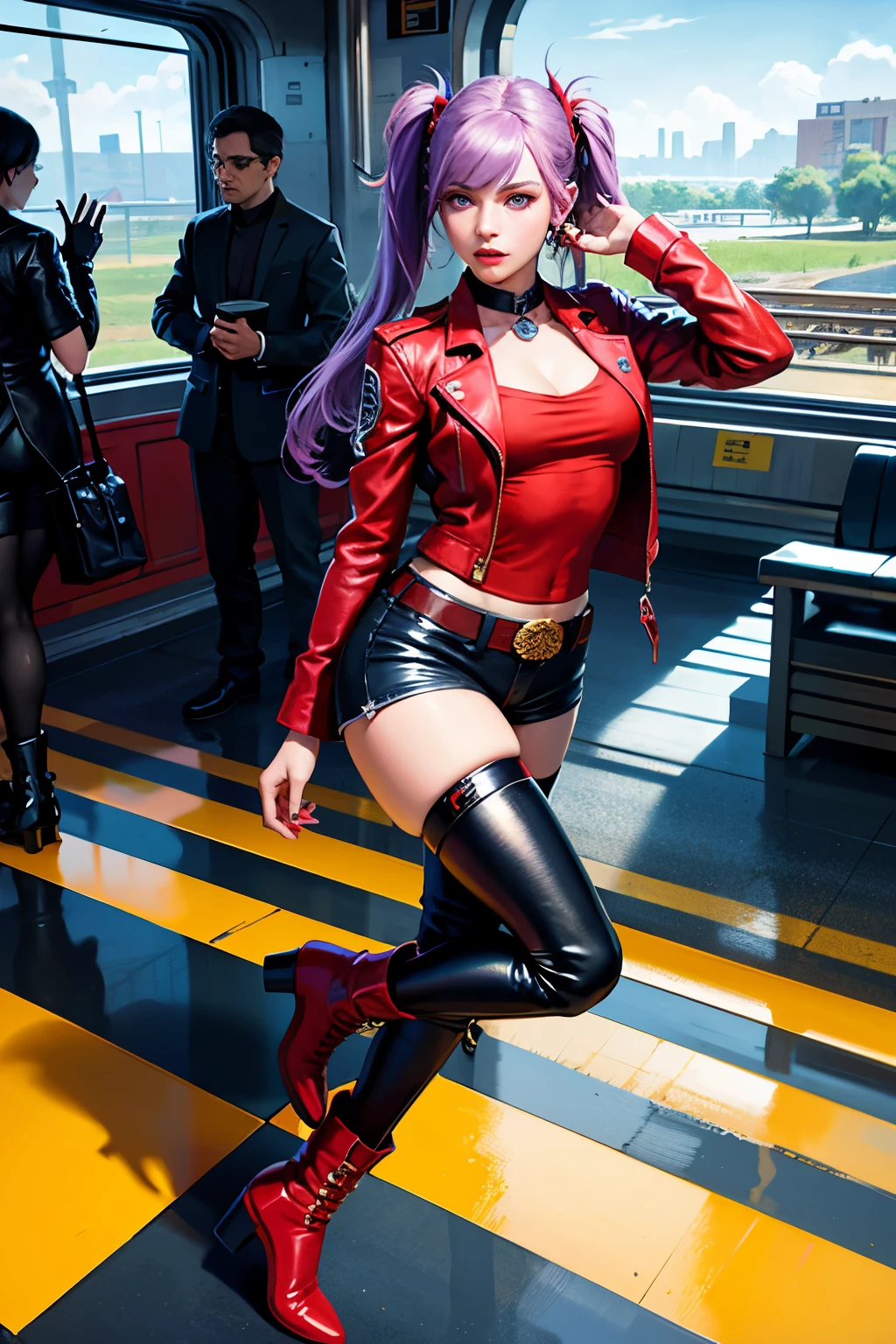 masterpiece, best quality, official Fortnite art, ultra detailed, beautiful and aesthetic, 1female character, navy blue legs, red boots, red short shirt, black leather jacket, lilac twintails hair, expressive yellow eyes, full body, wide hips, holding a lilac pistol, dynamic angle, waiting at a train station, atmospheric train station environment, steam trains in the background, textured and detailed clothing, realistic pistol, high contrast colors, intricate pattern on the jacket, vibrant lilac pistol.