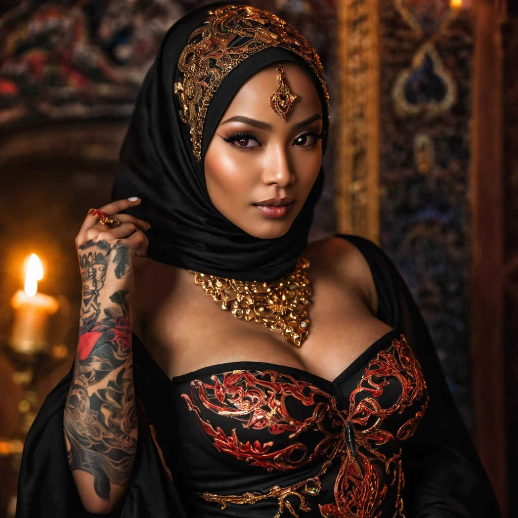 (best quality,highres:1.2),ultra-detailed,realistic,portrait,high fantasy,sexy busty Malaysian woman(age 40),jewel inlaid hijab, jewel encrusted translucent lingerie,tames a devil by casting a very flashy spell,arcane chamber,well-lit room,vibrant colors,exquisite details,seductively poses,confident expression,mesmerizing eyes,long wavy hair,fine jewelry,ornate tattoos,chiseled features,soft skin,golden light,elaborate spell casting,richly decorated surroundings,enchanted atmosphere,mythical creatures in the background,elaborate tapestries,handsome yet sinister devil,subdued black and red color scheme,gentle candlelight,Northern European architecture,ethereal shimmer,curved horns,dark wings,burnished scales,dangerous yet alluring presence