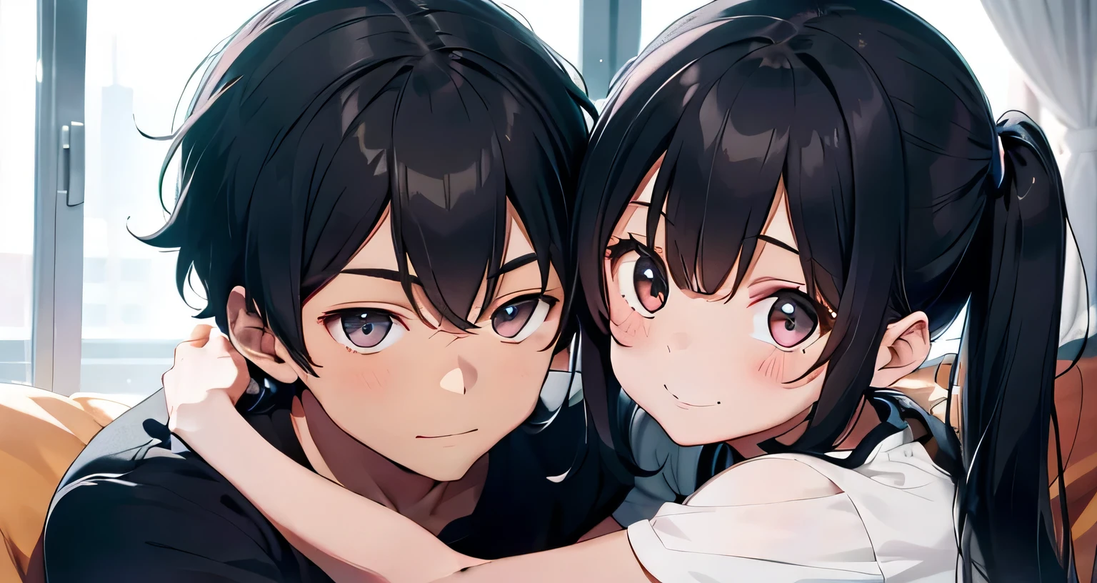 1 girl with twin tails and 1 boy cuddling on the sofa, cute couple, looking at each other, Both of them smiled slightly,black eyes, Reflecting the bodies of two people