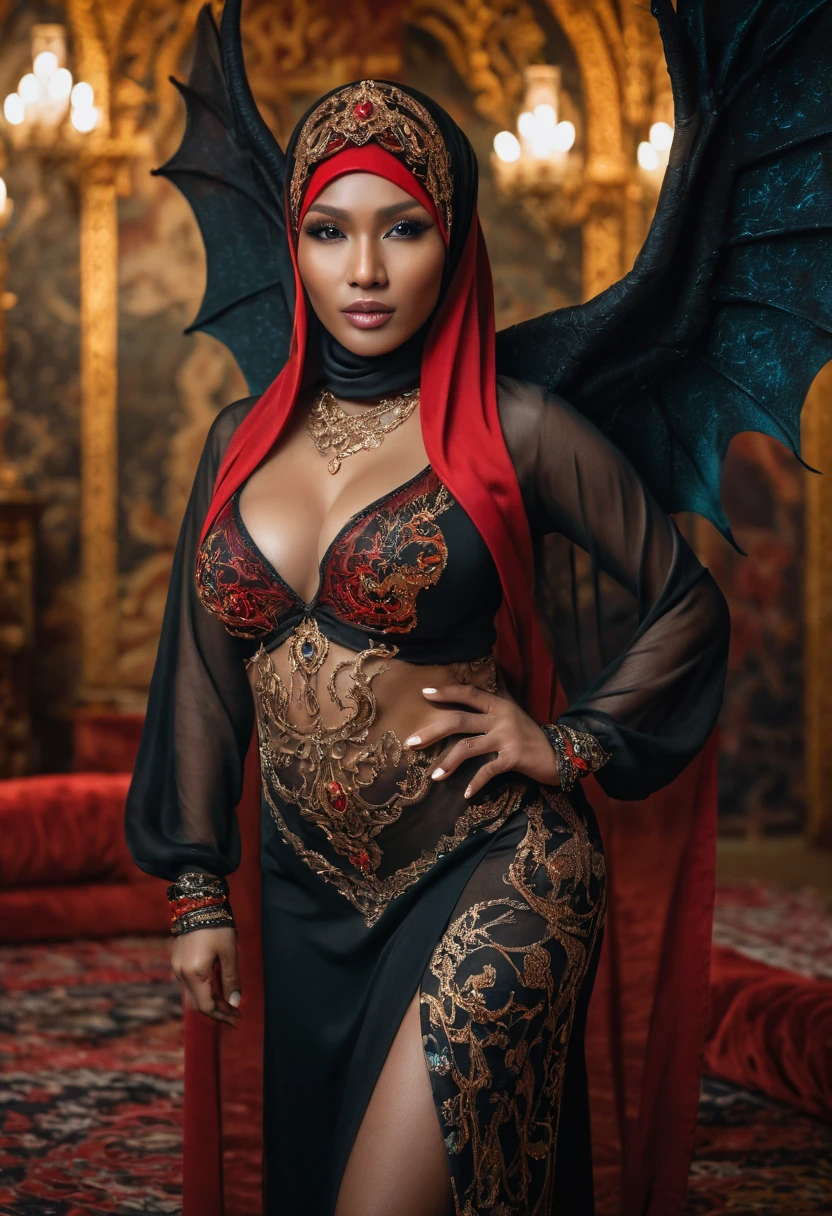 (best quality,highres:1.2),ultra-detailed,realistic,portrait,high fantasy,sexy busty Malaysian woman(age 40),jewel inlaid hijab, jewel encrusted translucent lingerie,tames a devil by casting a very flashy spell,arcane chamber,well-lit room,vibrant colors,exquisite details,seductively poses,confident expression,mesmerizing eyes,long wavy hair,fine jewelry,ornate tattoos,chiseled features,soft skin,golden light,elaborate spell casting,richly decorated surroundings,enchanted atmosphere,mythical creatures in the background,elaborate tapestries,handsome yet sinister devil,subdued black and red color scheme,gentle candlelight,Northern European architecture,ethereal shimmer,curved horns,dark wings,burnished scales,dangerous yet alluring presence