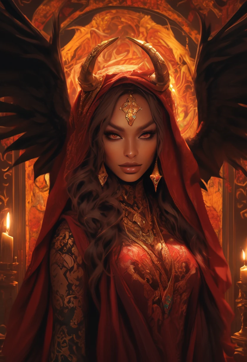 (best quality,highres:1.2),ultra-detailed,realistic,portrait,high fantasy,sexy busty Malaysian woman(age 40),jewel inlaid hijab, jewel encrusted translucent lingerie,tames a devil by casting a very flashy spell,arcane chamber,well-lit room,vibrant colors,exquisite details,seductively poses,confident expression,mesmerizing eyes,long wavy hair,fine jewelry,ornate tattoos,chiseled features,soft skin,golden light,elaborate spell casting,richly decorated surroundings,enchanted atmosphere,mythical creatures in the background,elaborate tapestries,handsome yet sinister devil,subdued black and red color scheme,gentle candlelight,Northern European architecture,ethereal shimmer,curved horns,dark wings,burnished scales,dangerous yet alluring presence