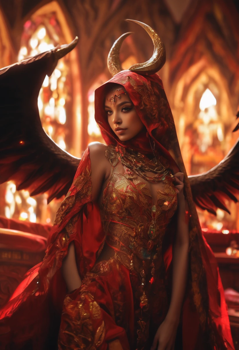 (best quality,highres:1.2),ultra-detailed,realistic,portrait,high fantasy,sexy busty Malaysian woman(age 40),jewel inlaid hijab, jewel encrusted translucent lingerie,tames a devil by casting a very flashy spell,arcane chamber,well-lit room,vibrant colors,exquisite details,seductively poses,confident expression,mesmerizing eyes,long wavy hair,fine jewelry,ornate tattoos,chiseled features,soft skin,golden light,elaborate spell casting,richly decorated surroundings,enchanted atmosphere,mythical creatures in the background,elaborate tapestries,handsome yet sinister devil,subdued black and red color scheme,gentle candlelight,Northern European architecture,ethereal shimmer,curved horns,dark wings,burnished scales,dangerous yet alluring presence