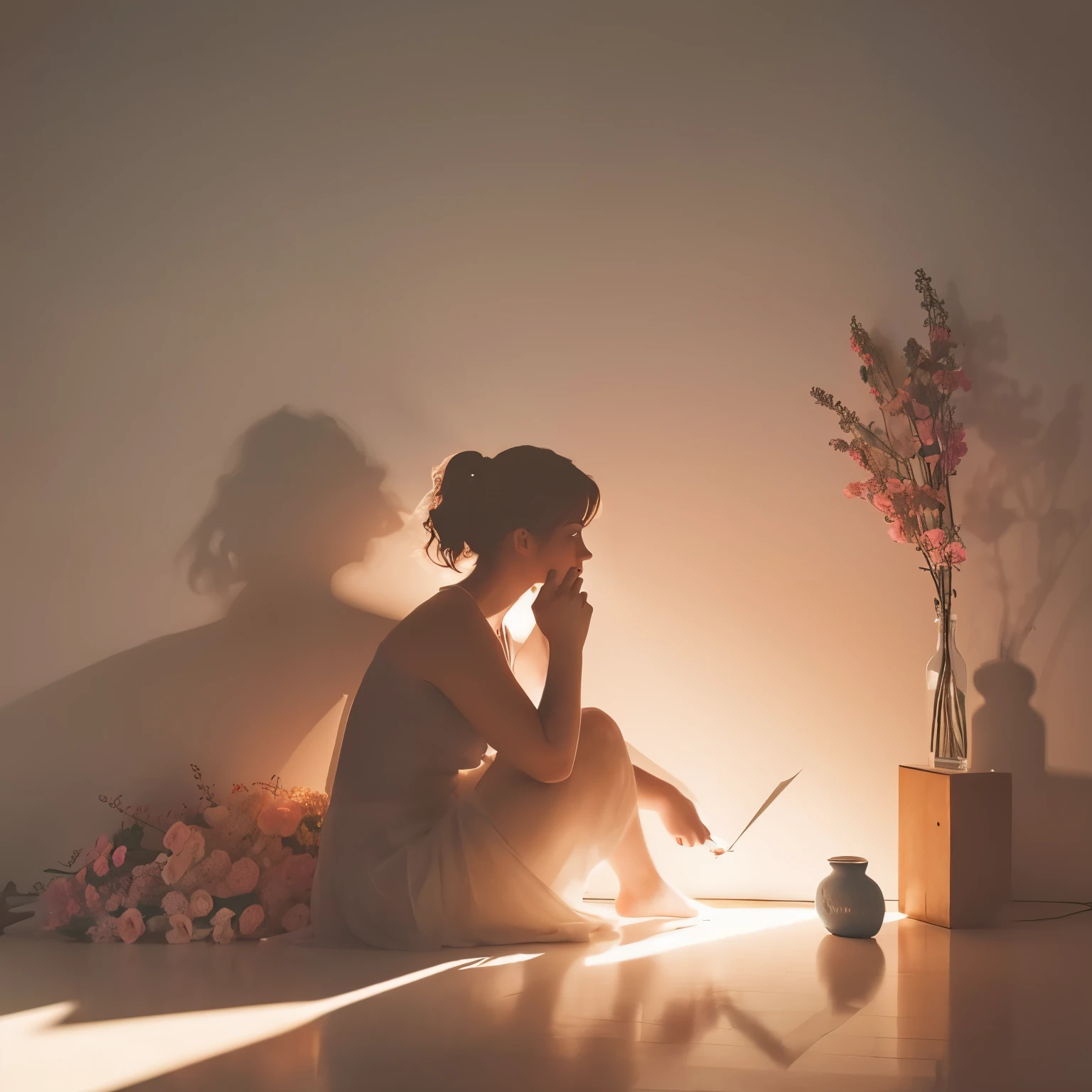 1 silhouette of a young maiden reading, pastel-toned shadow art, flowers and books in the background, dreamy atmosphere, minimalist style, soft gradient lighting