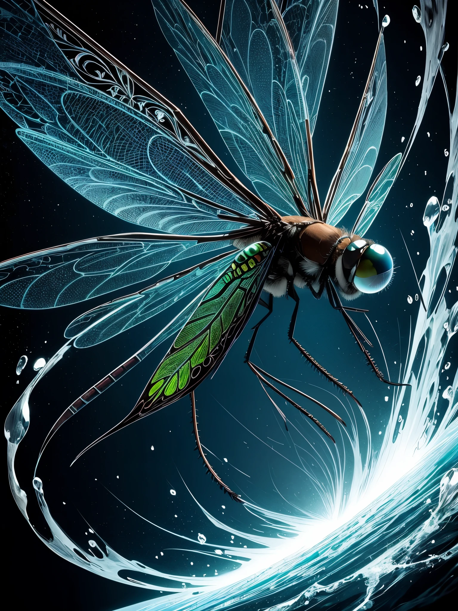 A captivating surrealist masterpiece, featuring a whole body image of a dragonfly with intricately detailed wings, engulfed in a dream-like scene. The dragonfly's eyes are hyperdetailed, with glowing orbs that appear both mesmerizing and ominous. In the foreground, a simple yet ultra-detailed tee-shirt design unfolds, adorned with line art of the dragonfly in flight.
The background is a captivating black canvas, providing an elegant contrast to the vibrant colors and intricate details of the dragonfly. The water splash art, with its color splash effect, adds a sense of surrealism, creating an eth