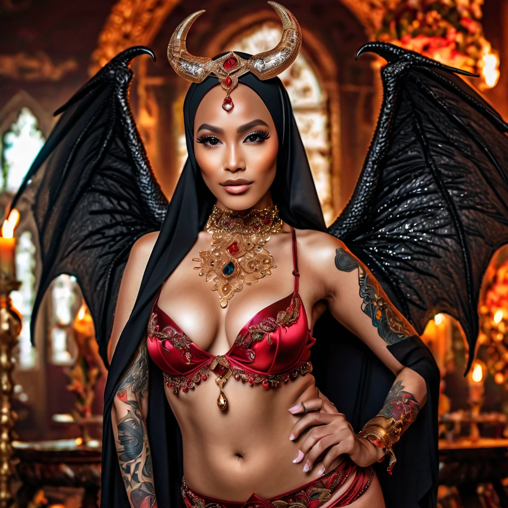 (best quality,highres:1.2),ultra-detailed,realistic,portrait,high fantasy,sexy busty Malaysian woman(age 40),jewel inlaid hijab, jewel encrusted translucent lingerie,tames a devil by casting a very flashy spell,arcane chamber,well-lit room,vibrant colors,exquisite details,seductively poses,confident expression,mesmerizing eyes,long wavy hair,fine jewelry,ornate tattoos,chiseled features,soft skin,golden light,elaborate spell casting,richly decorated surroundings,enchanted atmosphere,mythical creatures in the background,elaborate tapestries,handsome yet sinister devil,subdued black and red color scheme,gentle candlelight,Northern European architecture,ethereal shimmer,curved horns,dark wings,burnished scales,dangerous yet alluring presence