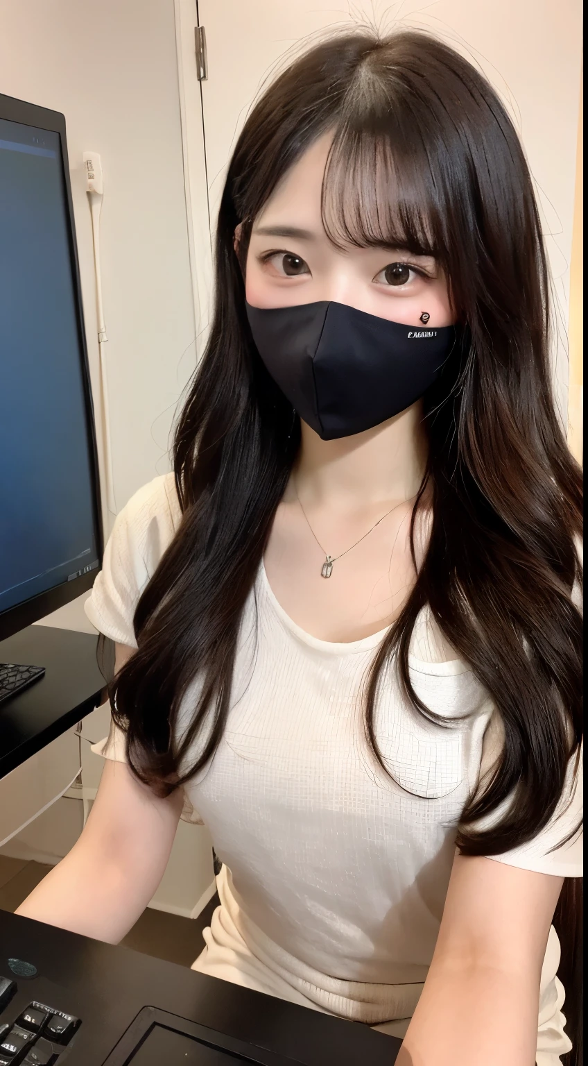Chat rooms、cute little room、computer、microphone、illumination、long beautiful hair、white mask、arafed woman wearing a face mask、(highest quality、High resolution、masterpiece:1.3)、