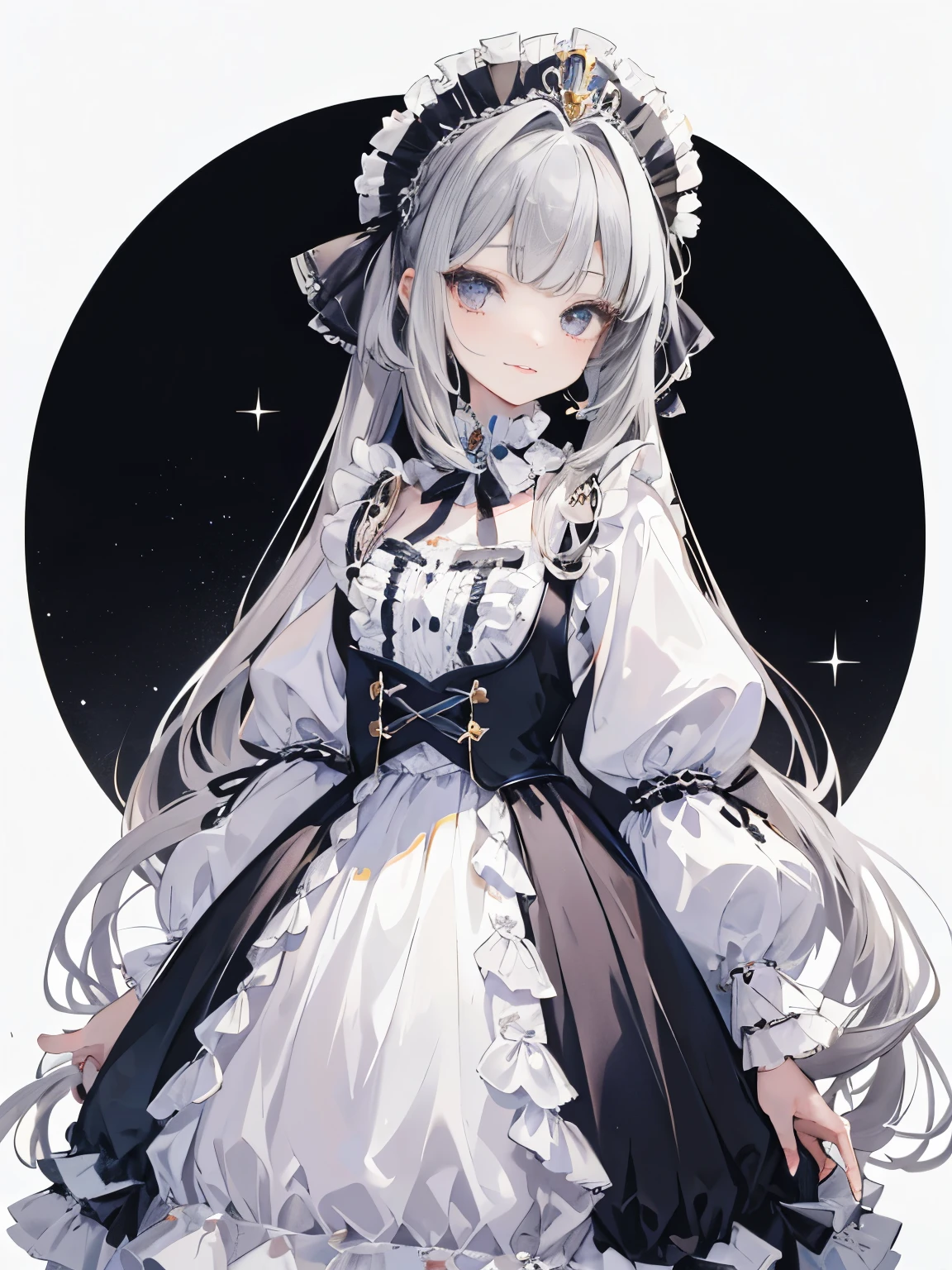 long twin-tailed hair, Princess Haircuts, dark silver hair, Bree Eyes, happy girl, cool girl, royal, portrait, aristocratic clothes, Lots of races,lots of frills,Peaceful girl,Large ribbon around the neck