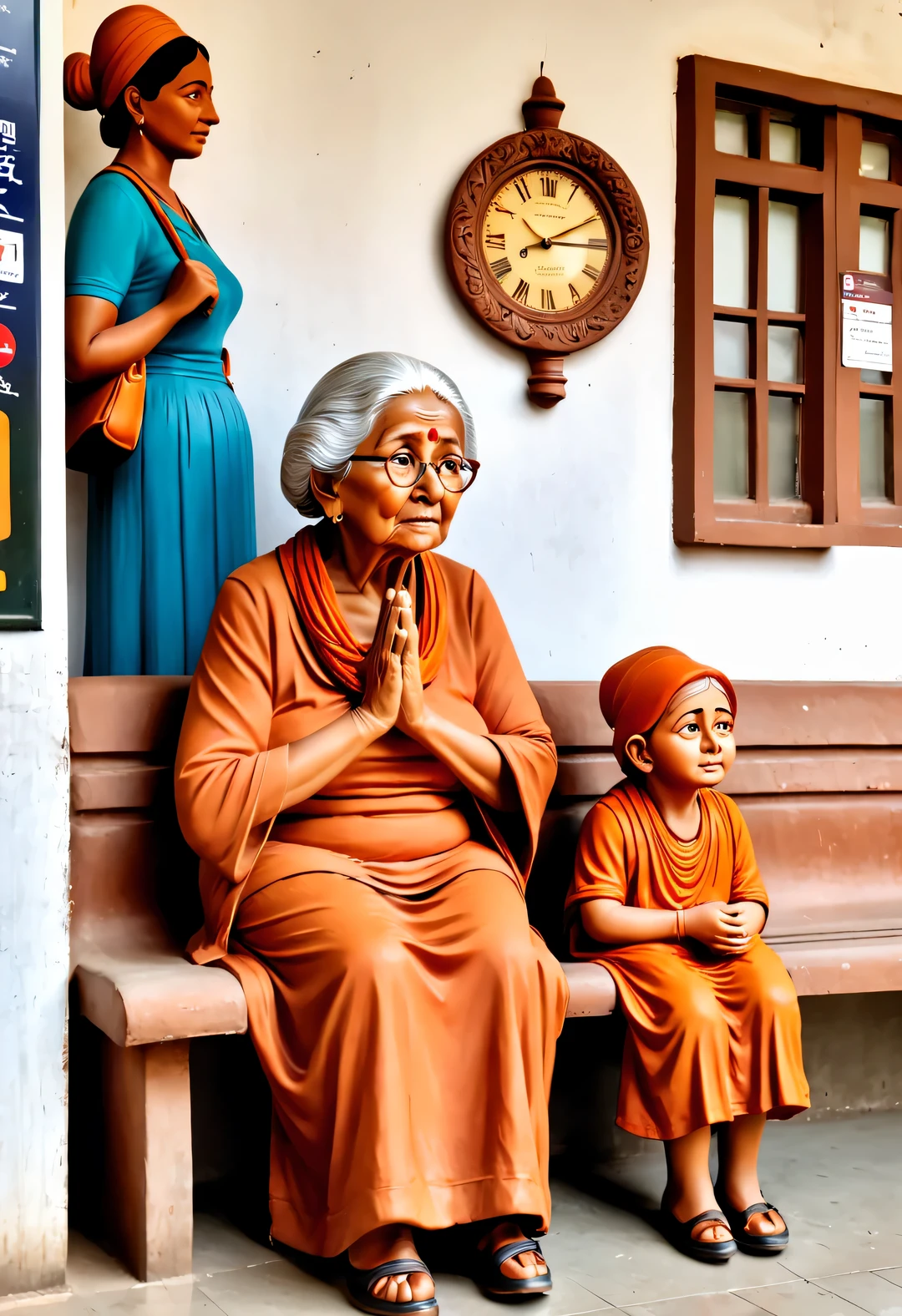 With terracotta warriors and horses art style ,Grandma is waiting for the bus at the station,early stage,Anxious