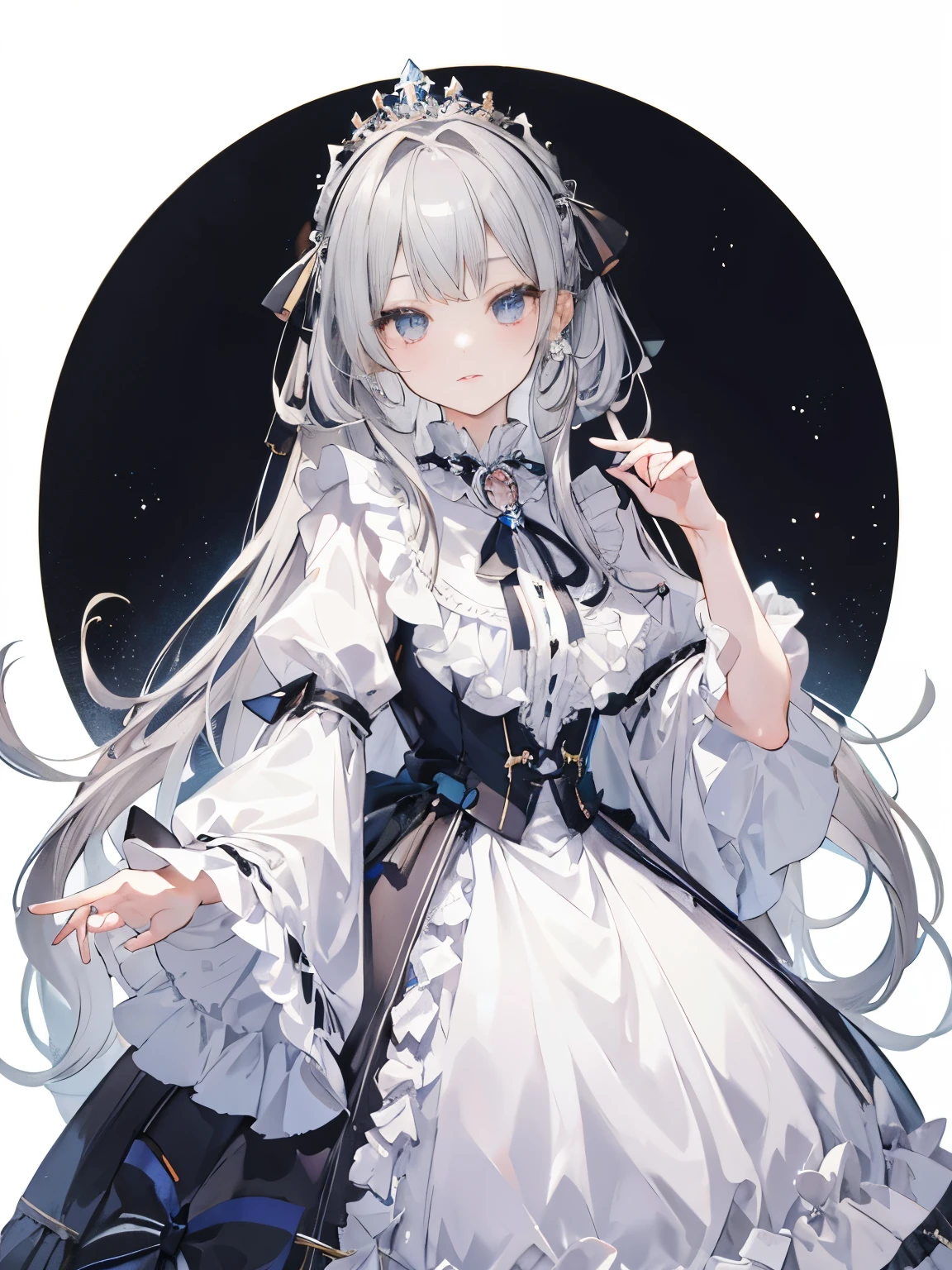long twin-tailed hair, Princess Haircuts, dark silver hair, Bree Eyes, happy girl, cool girl, royal, portrait, aristocratic clothes, Lots of races,lots of frills,Peaceful girl,Large ribbon around the neck