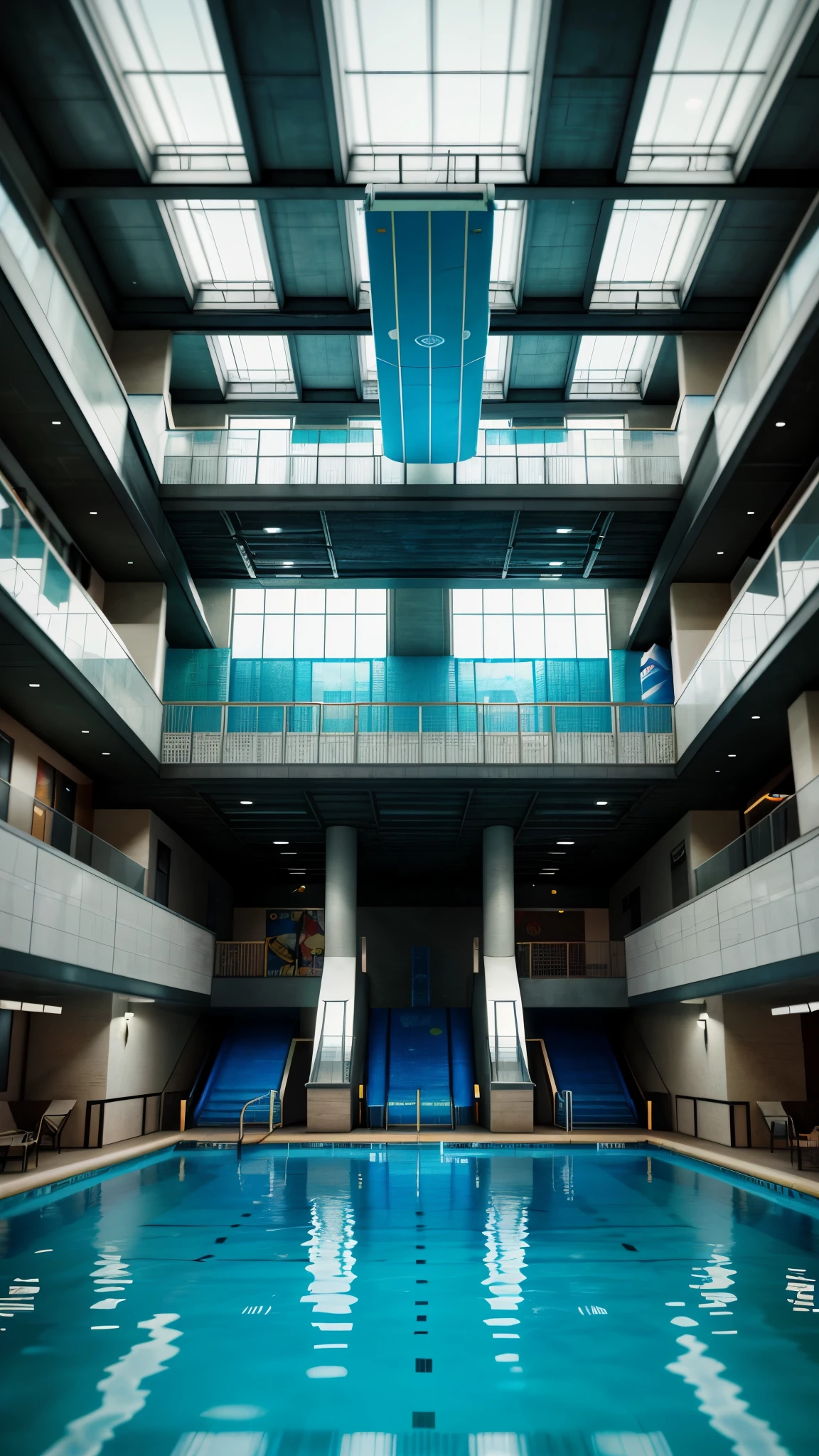 liminal space indoor waterpark with waterslides. 16K render, Reflections, liminal space. HDR. Photorealistic, highly detailed. Cinema 4D, Octane render. Nostalgic feeling. Make it amazing.