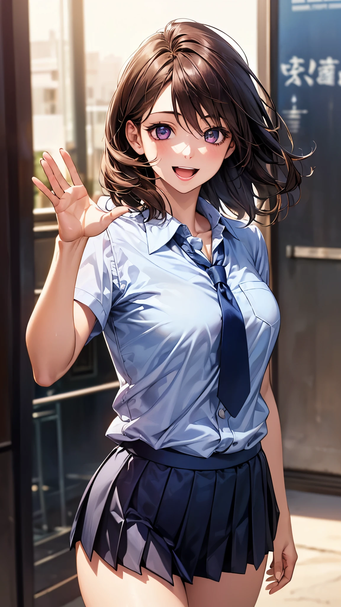 (masterpiece:1.2, top-quality), (realistic, photorealistic:1.4), beautiful illustration, (natural side lighting, movie lighting), ,
(looking at viewer), 1 girl, japanese, high school girl, perfect face, cute and symmetrical face, shiny skin,
(middle hair:1.5, straight hair:1.7, light brown hair), hair between eyes, purple eyes, long eye lasher, (large breasts:0.6), five fingers,
beautiful hair, beautiful face, beautiful detailed eyes, beautiful clavicle, beautiful body, beautiful chest, beautiful thighs, beautiful legs,
((light blue collared shirt, navy pleated skirt)), navy tie,
(beautiful scenery), evening, downtown, (waving, lovely smile, upper eyes, open mouth),