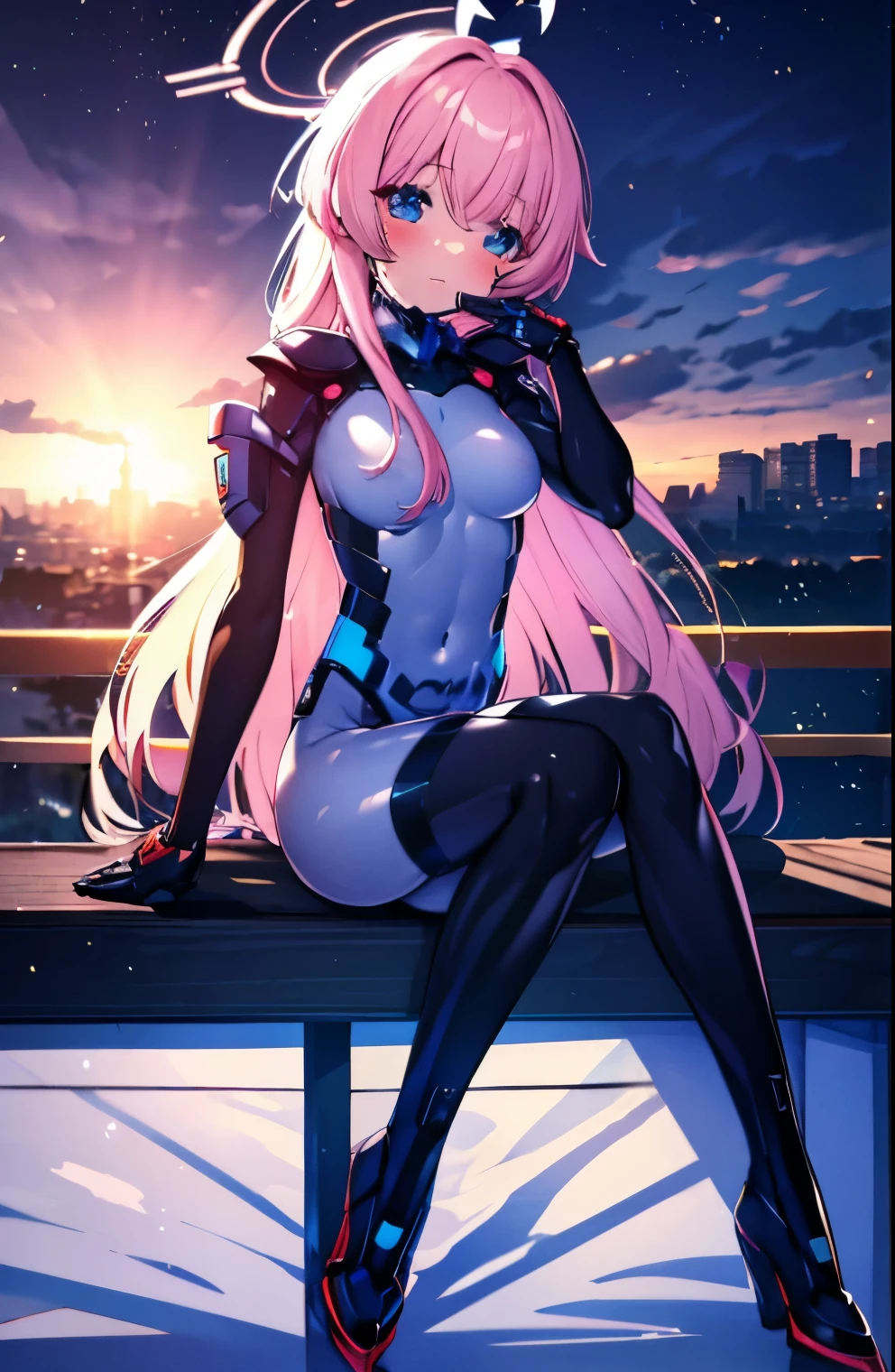 highest quality,sleep on your back in bed,thigh high boots,leg gloves,elegant, 1 girl, body suit,cute, blushed, looking at the viewer, blue eyes, beautiful eyes, beautiful background, particles of light, Light of the sun, dramatic lighting, outside, shiny, realistic, table top, highest quality, Super detailed, get used to it, scenery, beautiful and detailed eyes, thin hair,full body shot,