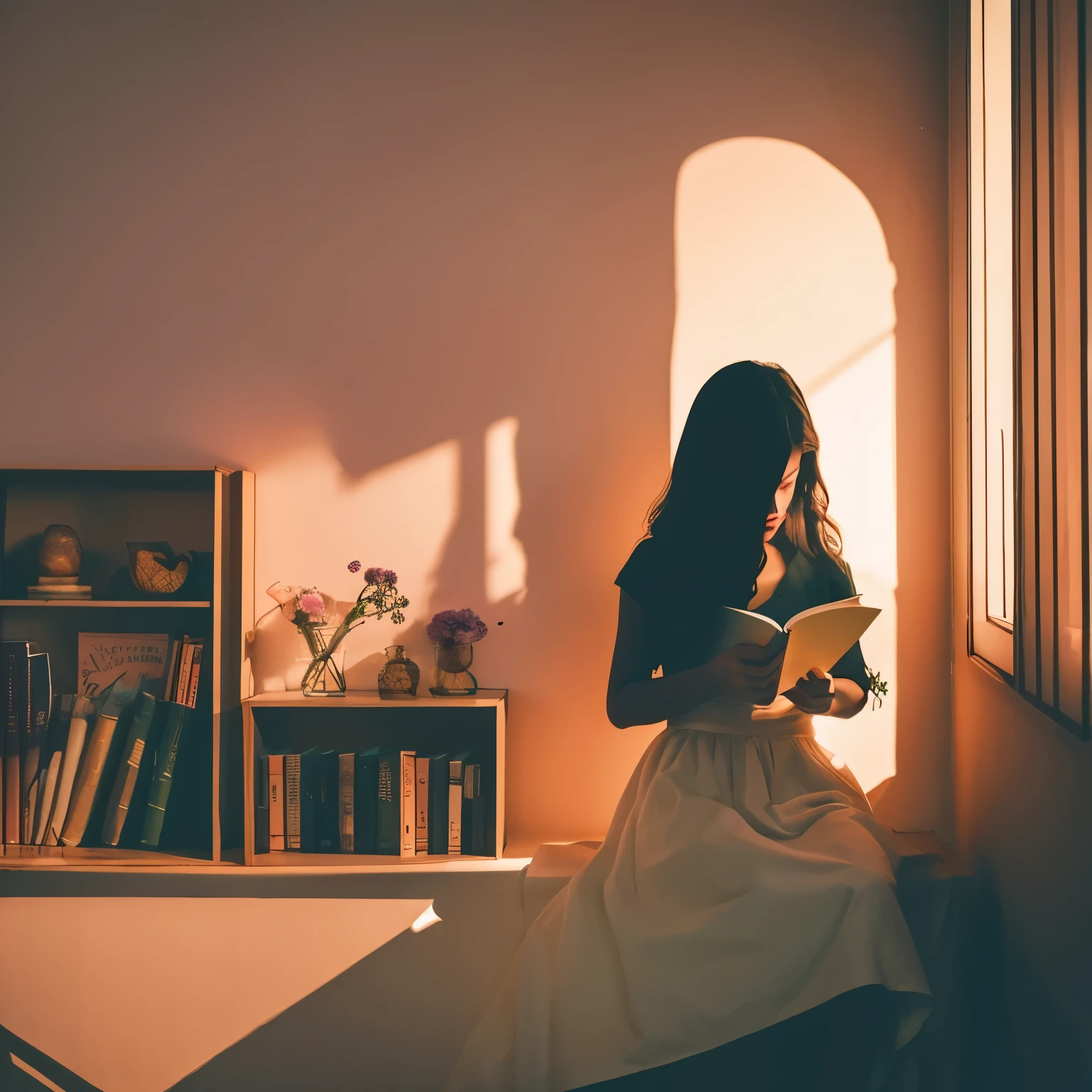 1 silhouette of a young maiden reading, pastel-toned shadow art, flowers and books in the background, dreamy atmosphere, minimalist style, soft gradient lighting