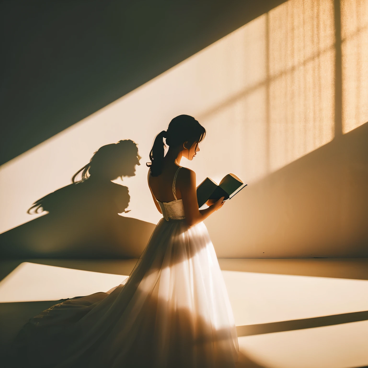 1 silhouette of a young maiden reading, pastel-toned shadow art, flowers and books in the background, dreamy atmosphere, minimalist style, soft gradient lighting