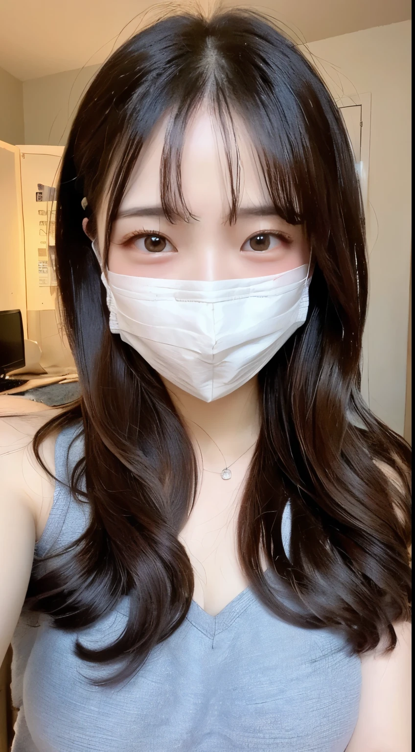 Chat rooms、cute little room、computer、microphone、illumination、long beautiful hair、white mask、arafed woman wearing a face mask、(highest quality、High resolution、masterpiece:1.3)、