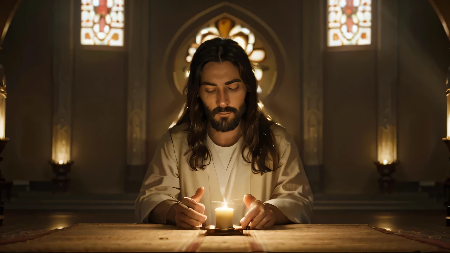 inspiring image of Jesus Christ in prayer position. Highlight the details of the serene expression on your face, the reverent posture of your hands and any symbolic element that conveys spirituality and divine connection. Explore a atmosfera ao redor, highlighting the heavenly light that can surround you and the sacred environment that surrounds you. Draw inspiration from biblical tradition and Christian iconography to create a meaningful and moving depiction of Jesus in spiritual communion.