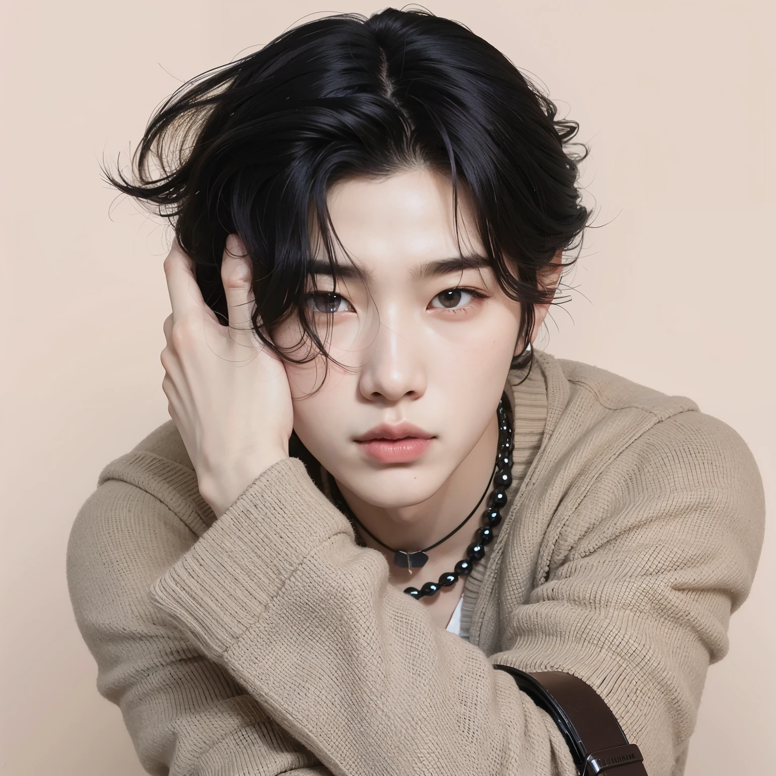 un primer plano de una persona con una mano en la cabeza, Jung Jaehyun, yoongi de pelo negro, cai xukun, TaeJune Kim, kim doyoung, Jinyoung Shin, hyung tae, hong junio hyung, sakimichan, pale korean adorable face, pintar ulzzang, yanjun chengt, beautiful androgynous prince, delicate androgynous prince