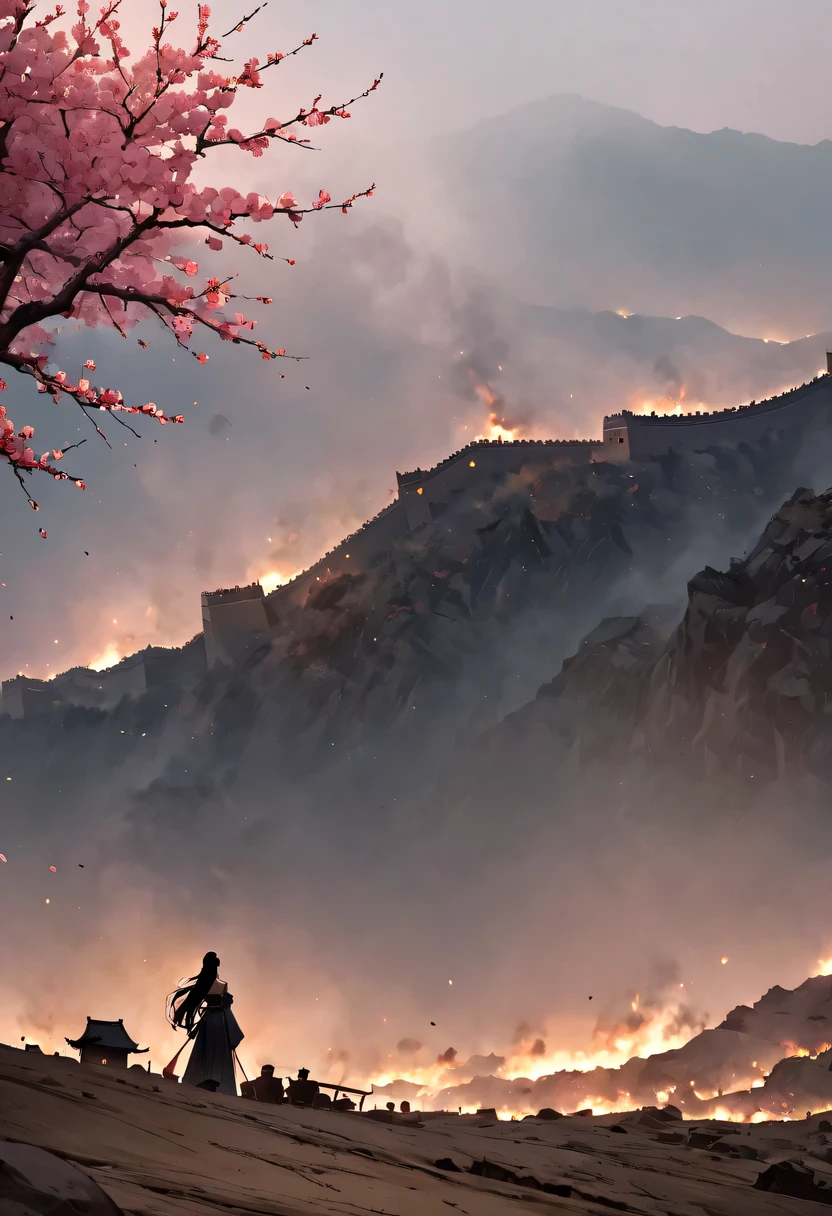 (Ten Miles of Enchanting Peach Blossoms:1.2)，The back of a woman with long hair reaching her waist stands under the peach blossom tree，firm eyes， Heqiang，She looked at the Great Wall in the distance, filled with smoke.，flint，blood stained sand，Iron can travel both vertically and horizontally，bodies scattered across the fields，China，Ancient，ink，