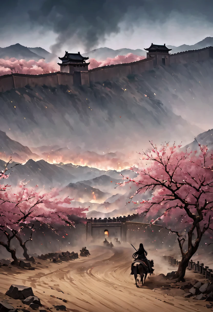 (Ten Miles of Enchanting Peach Blossoms:1.2)，The back of a woman with long hair reaching her waist stands under the peach blossom tree，firm eyes， Heqiang，She looked at the Great Wall in the distance, filled with smoke.，flint，blood stained sand，Iron can travel both vertically and horizontally，bodies scattered across the fields，China，Ancient，ink，