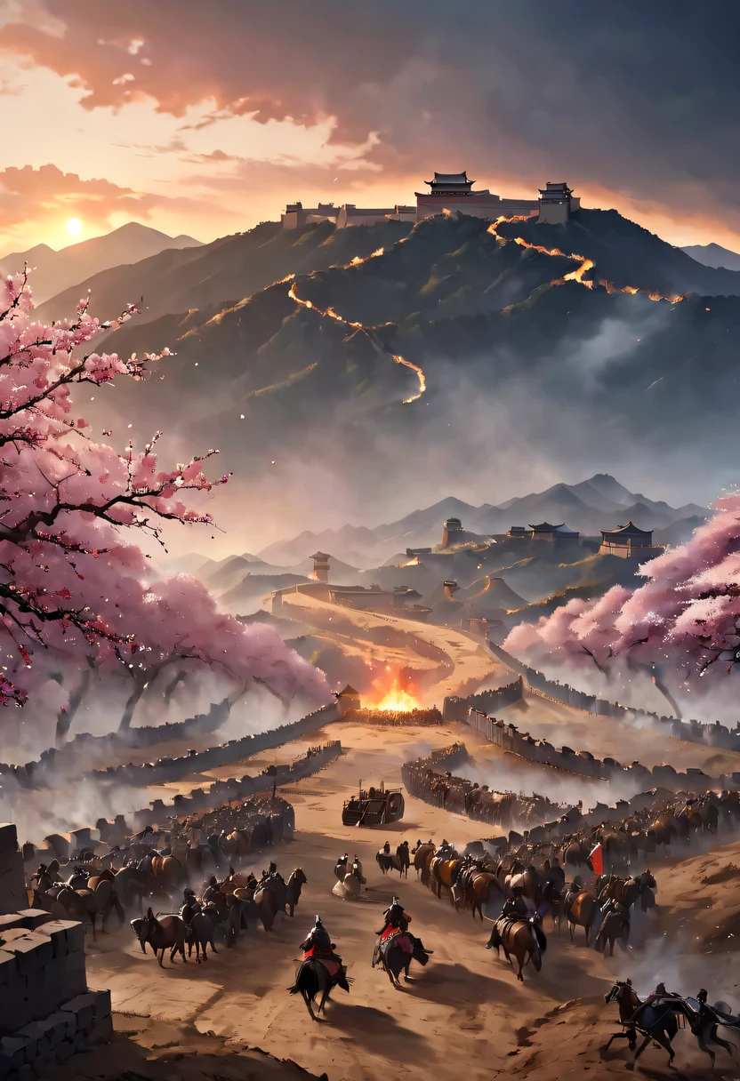 (Ten Miles of Enchanting Peach Blossoms:1.2),The back of a woman with long hair reaching her waist stands under the peach blossom tree,firm eyes, Heqiang,She looked at the Great Wall in the distance, filled with smoke.,flint,blood stained sand,Iron can travel both vertically and horizontally,bodies scattered across the fields,China,Ancient,ink,