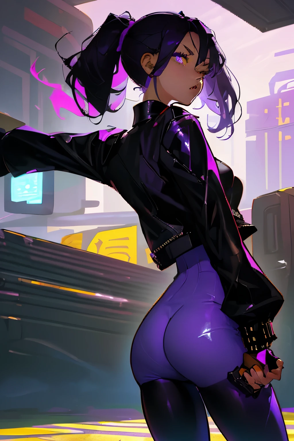 In the vibrant and captivating world of Fortnite, there exists a stunningly feminine Umama character, clad in a navy blue leggings and a vermillion cotton short-sleeved shirt. Despite the dynamic surroundings of the game, her allure remains unrivaled. Completing her ensemble is a sleek, black leather jacket adorned with intricate details. Her lilac twintails cascade down her back, framing her beautiful, expressive yellow eyes. As she waits for the train, her well-defined, curvaceous figure exudes confidence and charm. With a determined expression, she holds a lilac pistol at the ready, poised