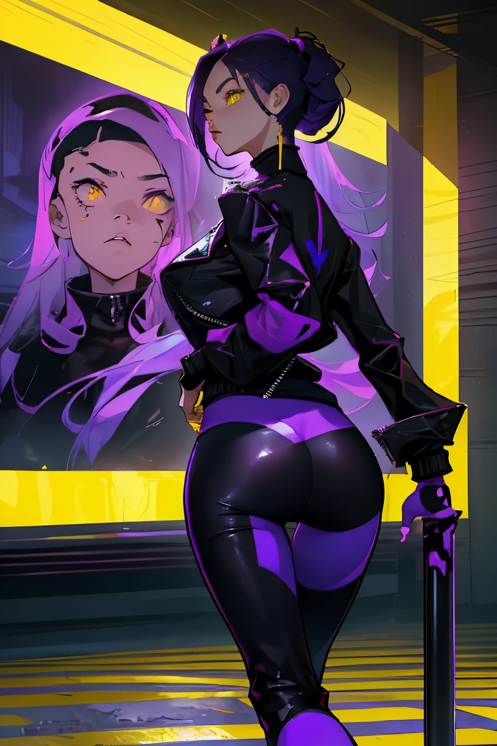 In the vibrant and captivating world of Fortnite, there exists a stunningly feminine Umama character, clad in a navy blue leggings and a vermillion cotton short-sleeved shirt. Despite the dynamic surroundings of the game, her allure remains unrivaled. Completing her ensemble is a sleek, black leather jacket adorned with intricate details. Her lilac twintails cascade down her back, framing her beautiful, expressive yellow eyes. As she waits for the train, her well-defined, curvaceous figure exudes confidence and charm. With a determined expression, she holds a lilac pistol at the ready, poised