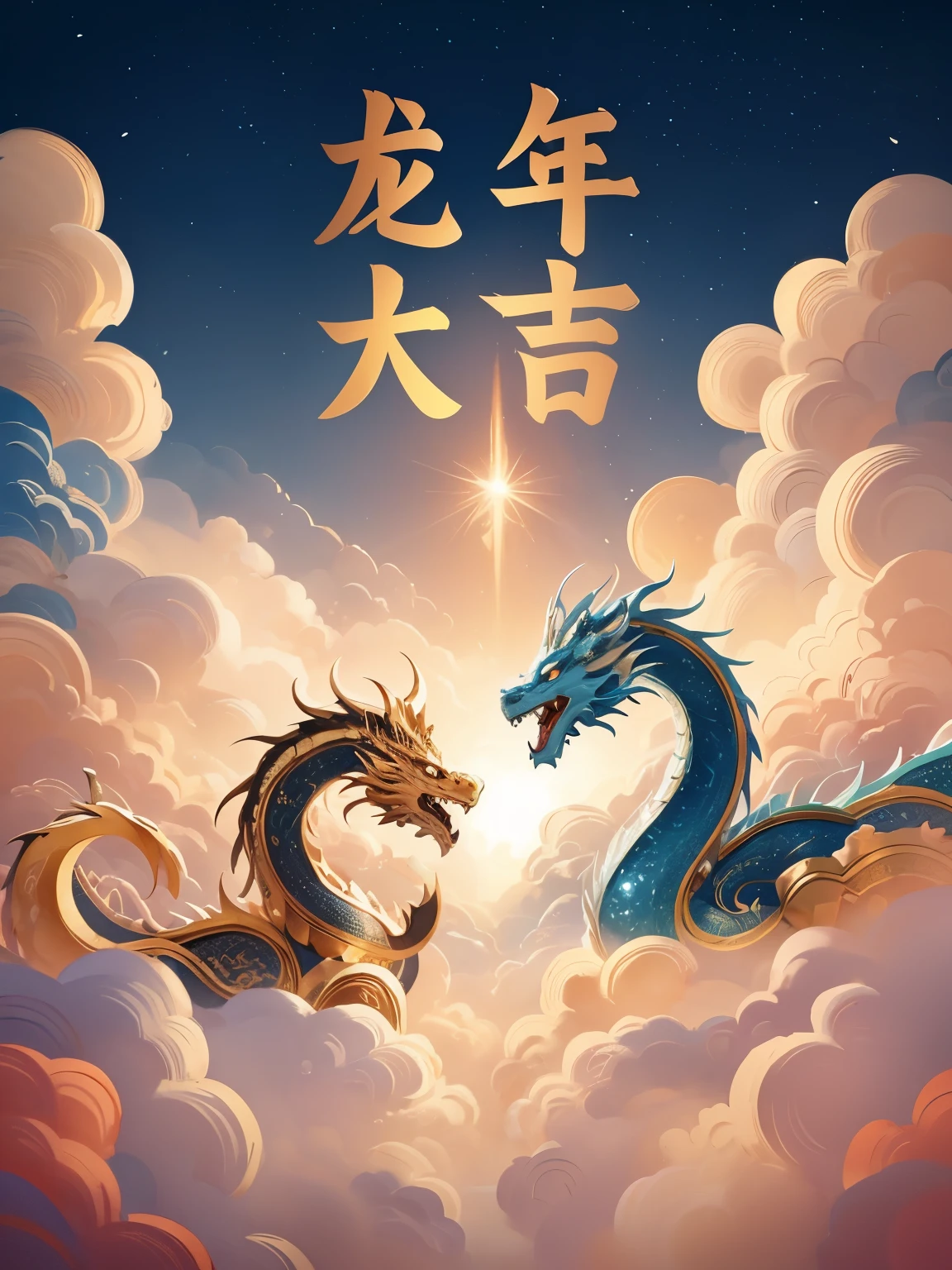 (masterpiece:1.3), (high quality), (best quality:1.2), highres, ultra-detailed, super detailed, 4k, a golden blue chinese dragon flying in the sky, night, fireworks and auspicious clouds in the sky, Navy blue colour theme, chinese dragon wallpaper, chinese new year, poster, Graphic design, illustrations, exciting texture, in the style of vibrant texture, large canvas format, mesmerizing colorscapes, no human,Symmetrical composition,