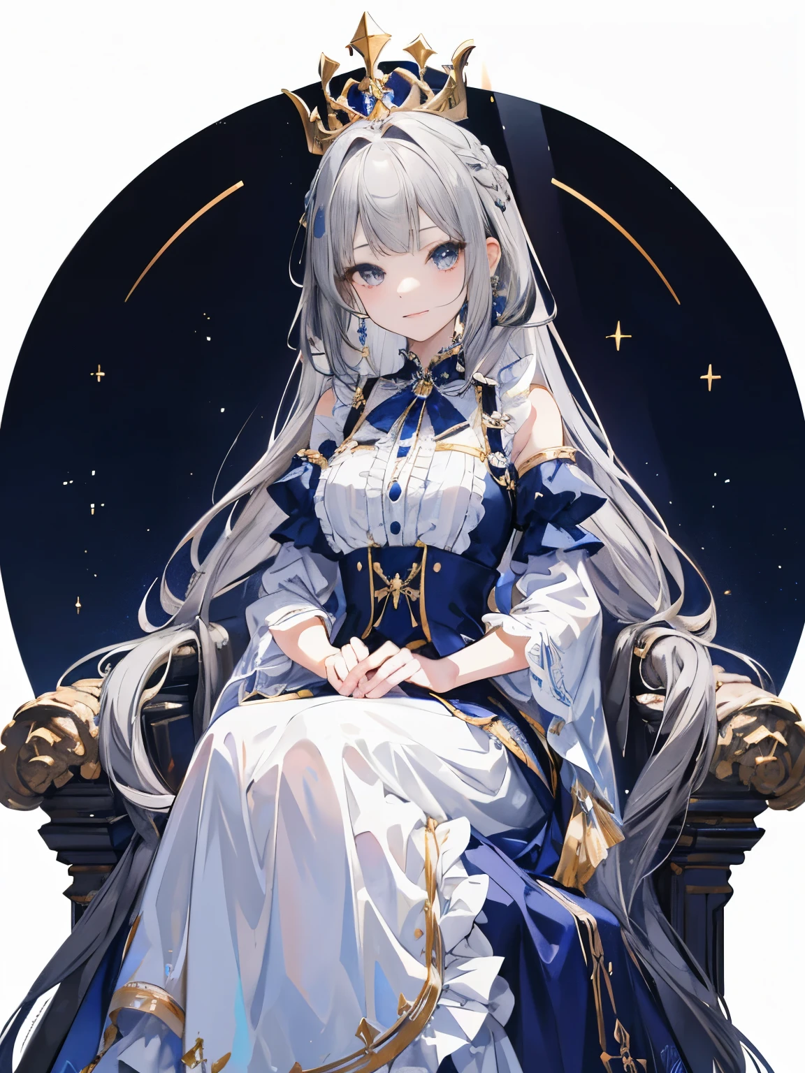 long twin-tailed hair, Princess Haircuts, dark silver hair, Bree Eyes, happy girl, cool girl, royal, portrait, aristocratic clothing dark blue gown,golden embroidery, Lots of races,lots of frills,Peaceful girl,Large ribbon around the neck,majestic throne room