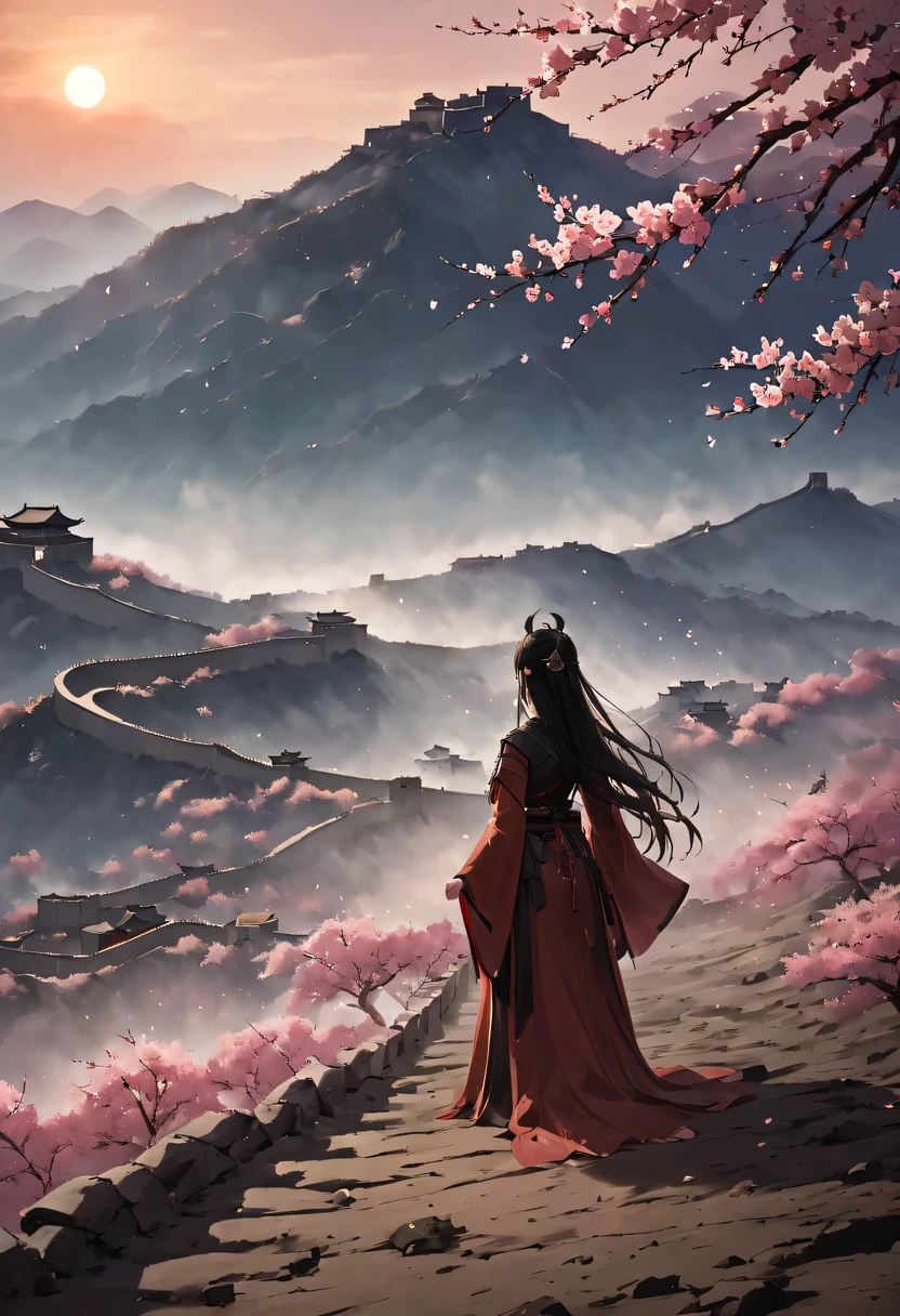 (Ten Miles of Enchanting Peach Blossoms:1.2)，The back of a woman with long hair reaching her waist stands under the peach blossom tree，firm eyes， Heqiang，She looked at the Great Wall in the distance, filled with smoke.，flint，blood stained sand，Iron can travel both vertically and horizontally，bodies scattered across the fields，China，Ancient，ink，