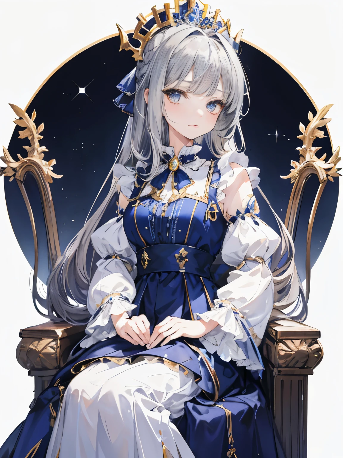 long twin-tailed hair, Princess Haircuts, dark silver hair, Bree Eyes, happy girl, cool girl, royal, portrait, aristocratic clothing dark blue gown,golden embroidery, Lots of races,lots of frills,Peaceful girl,Large ribbon around the neck,majestic throne room