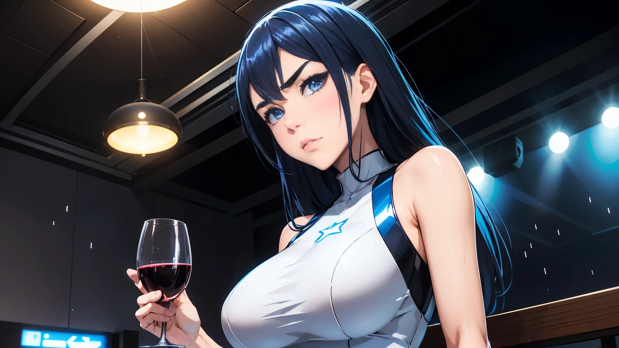 cool synthwave anime girl , dark blue hair , blue eyes , rainy time , underground dance club , whole body shot, big brest, (Perfect thick white eyebrows) Delicate fur, 详细s face, s the perfect face, At a in an underground dance club , (Drink a glass of wine while standing), Comfortable background, perfect decoration, lighting atmosphere, ((Bonifasko lighting)), (The round lenses on his eyes)(詳細な目), Perfect student, face close up