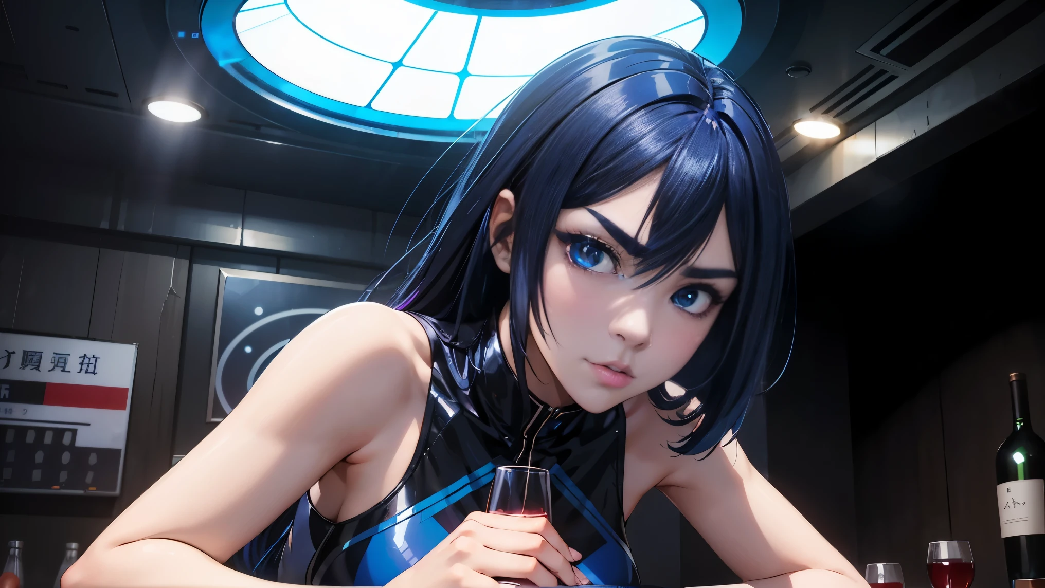 cool synthwave anime girl , dark blue hair , blue eyes , rainy time , underground dance club , whole body shot, big brest, (Perfect thick white eyebrows) Delicate fur, 详细s face, s the perfect face, At a in an underground dance club , (Drink a glass of wine while standing), Comfortable background, perfect decoration, lighting atmosphere, ((Bonifasko lighting)), (The round lenses on his eyes)(詳細な目), Perfect student, face close up