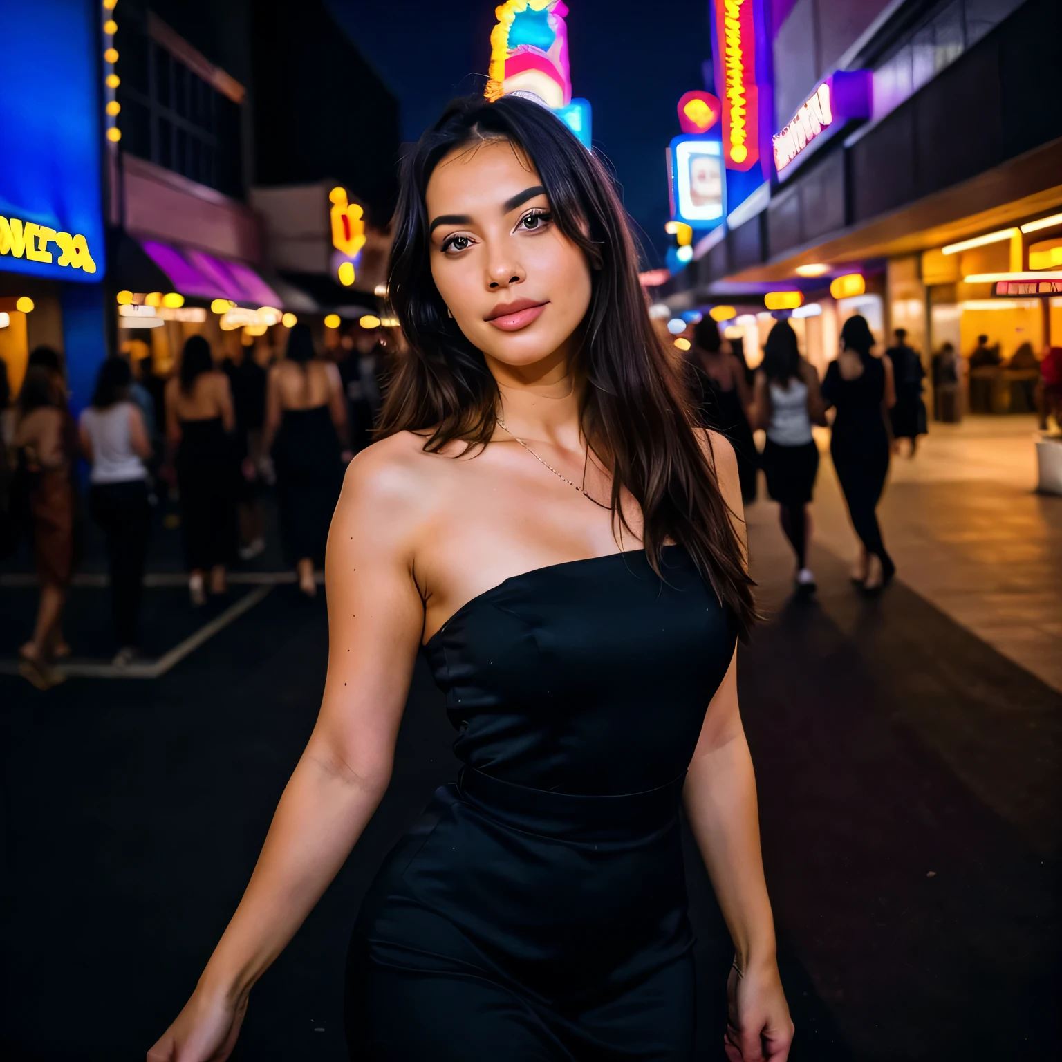 photorealistic, best quality, hyper detailed, beautiful woman, selfie photo, upper body, solo, wearing black long dress, standing next to the hotel in Las Vegas, night, nightlife, neon lighting, big city(cheerful, happy),  analog style, looking at viewer, skin texture, film grain, close up, ultra high res, best shadow, RAW, instagram LUT