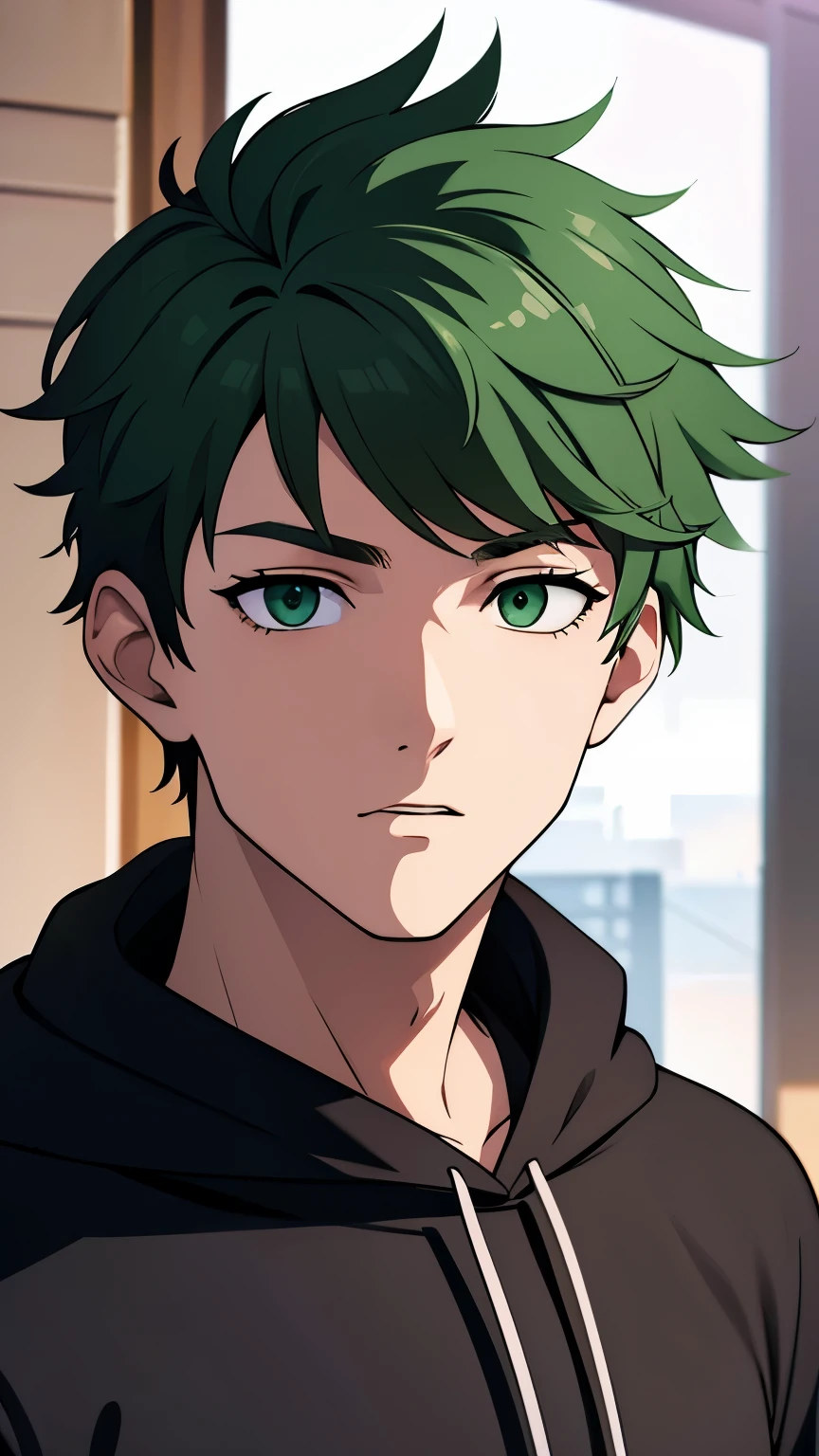 18 year old man with green hair, green eyes, wearing a black hoodie, portrait, restaurant background, very detailed