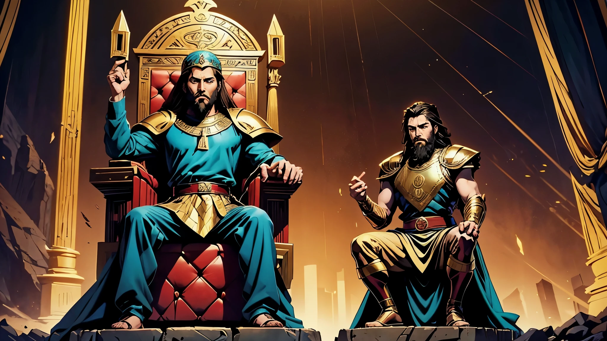 anime-style cartoon of a dark-haired woman kneeling before a bearded Babylonian king sitting on his throne, biblical costumes, biblical style, Babylonian style, estilo antigo, epic style, melhor qualidade, high resolution, arte digital, marvel style comic book, estilo dc