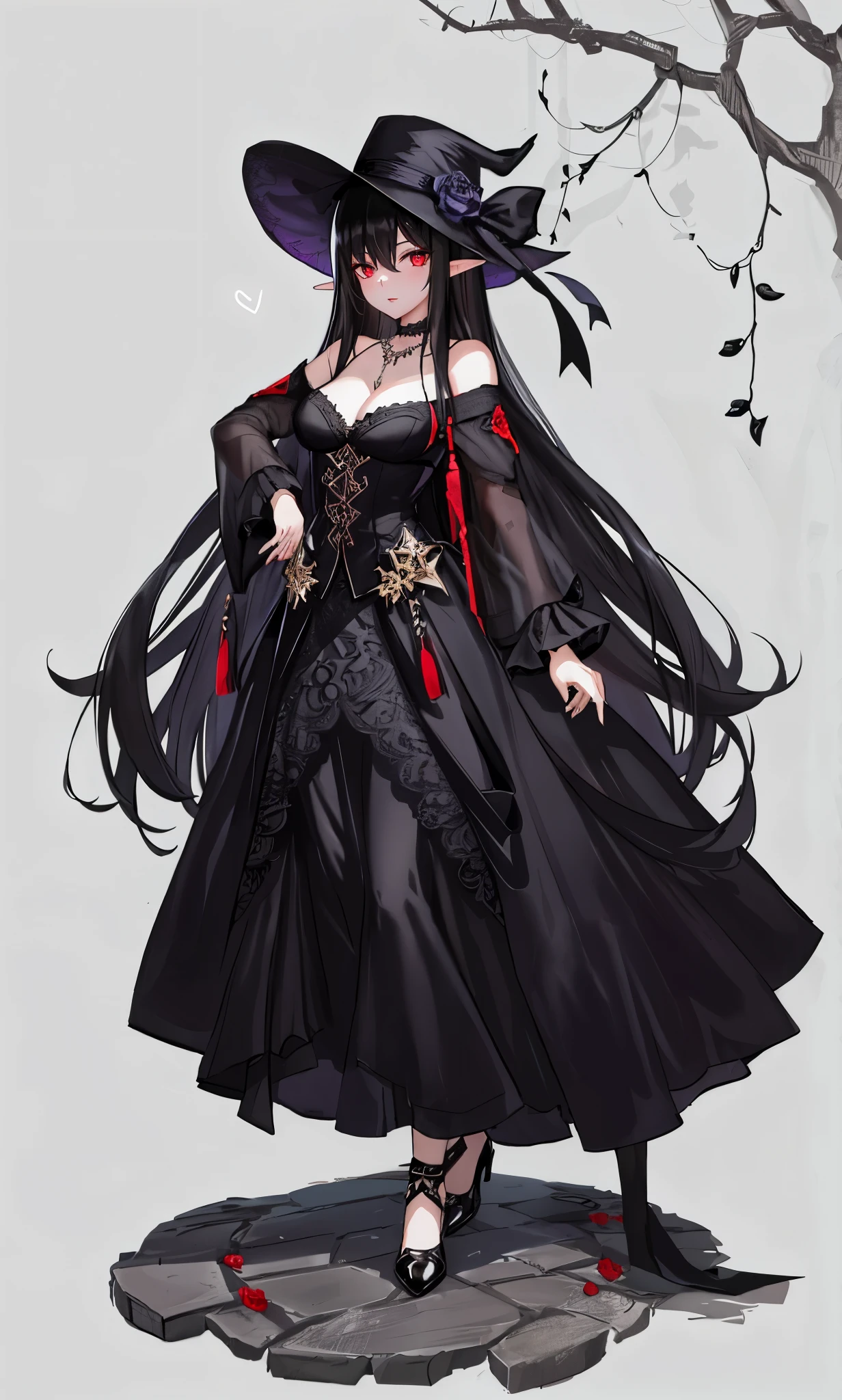 long black hair,close up,dream world,Elf royal sister,red lips,long black hair凌乱的发丝,Nice red eyes,ruins background,Black Rose Garden,grace,Manicure,Huge wide-brimmed black hat,(Black lady hat),necklace,humanoid,Baroque, Her skin is very white, fair complexion,(Black lace long dress,Black lace suspenders),pointed toe high heels,
