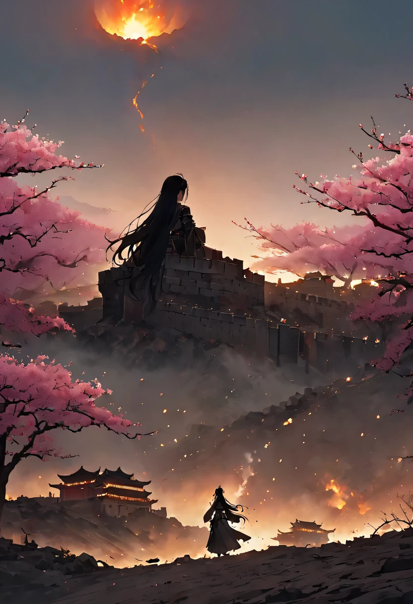 (Ten Miles of Enchanting Peach Blossoms:1.2),The back of a woman with long hair reaching her waist stands under the peach blossom tree,firm eyes, Heqiang,She looked at the Great Wall in the distance, filled with smoke.,flint,blood stained sand,Iron can travel both vertically and horizontally,bodies scattered across the fields,China,Ancient,ink,
