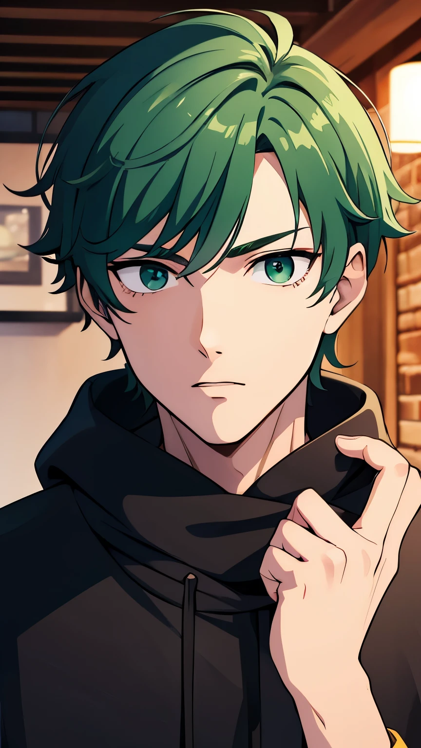 18 year old man with green hair, green eyes, wearing a black hoodie, portrait, restaurant background, very detailed
