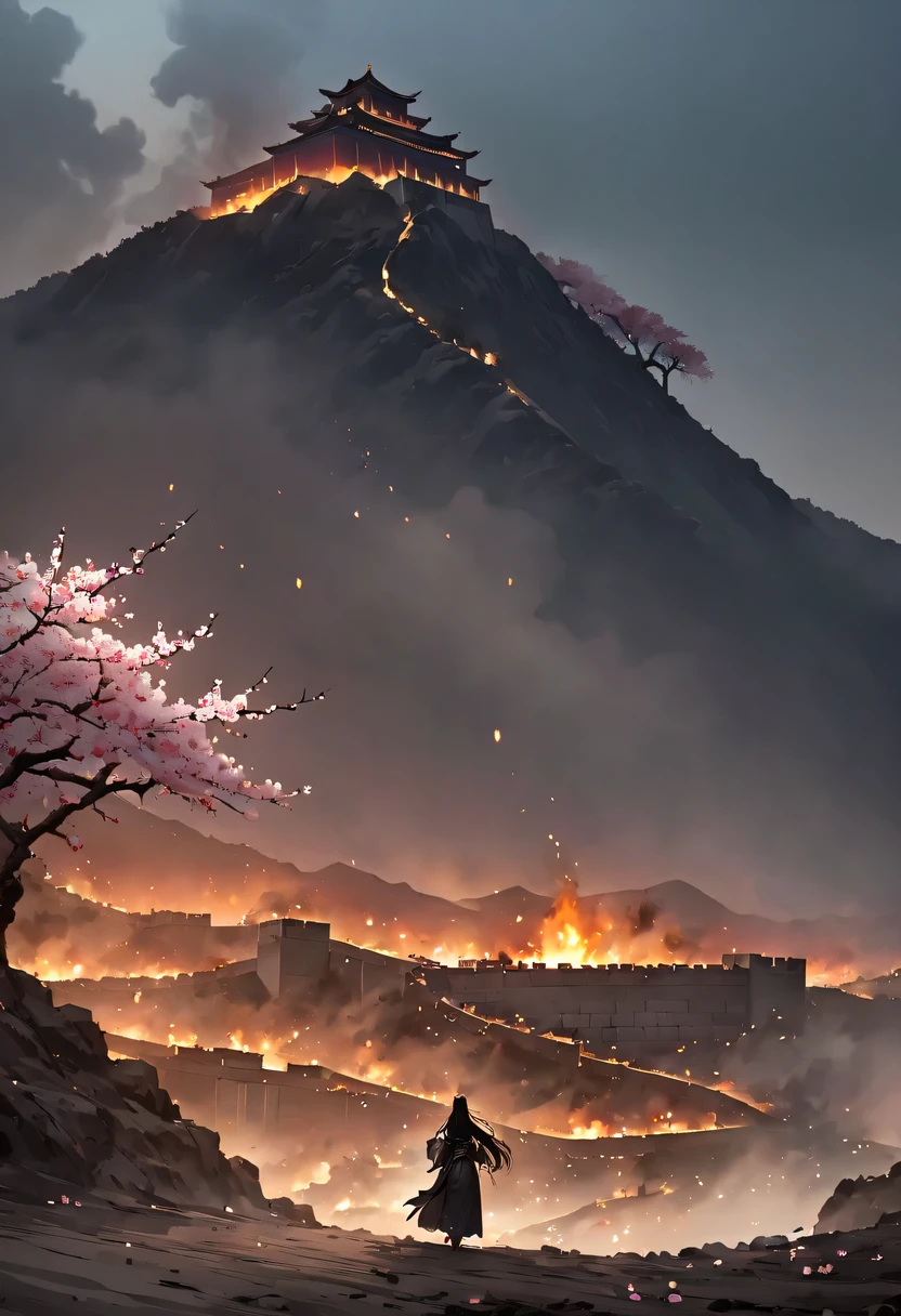 (Ten Miles of Enchanting Peach Blossoms:1.2)，The back of a woman with long hair reaching her waist stands under the peach blossom tree，firm eyes， Heqiang，She looked at the Great Wall in the distance, filled with smoke.，flint，blood stained sand，Iron can travel both vertically and horizontally，bodies scattered across the fields，China，Ancient，ink，