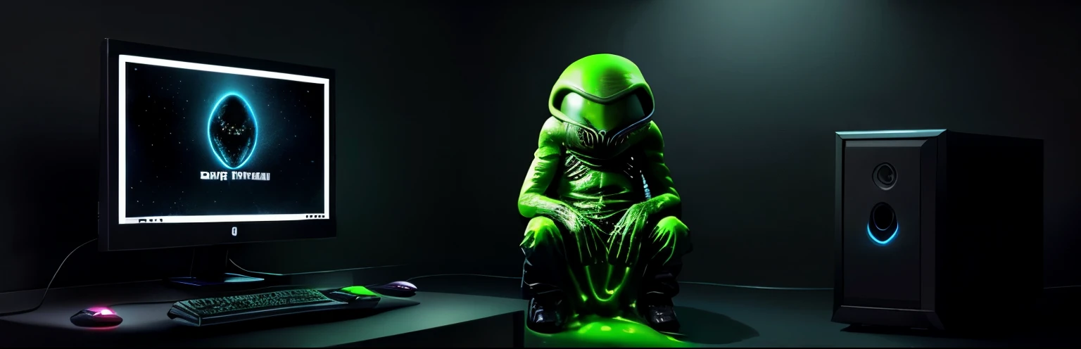 #111111 color background, alien sitting with gaming PC's, very dark, ultra real, realistic alien, slime, scary