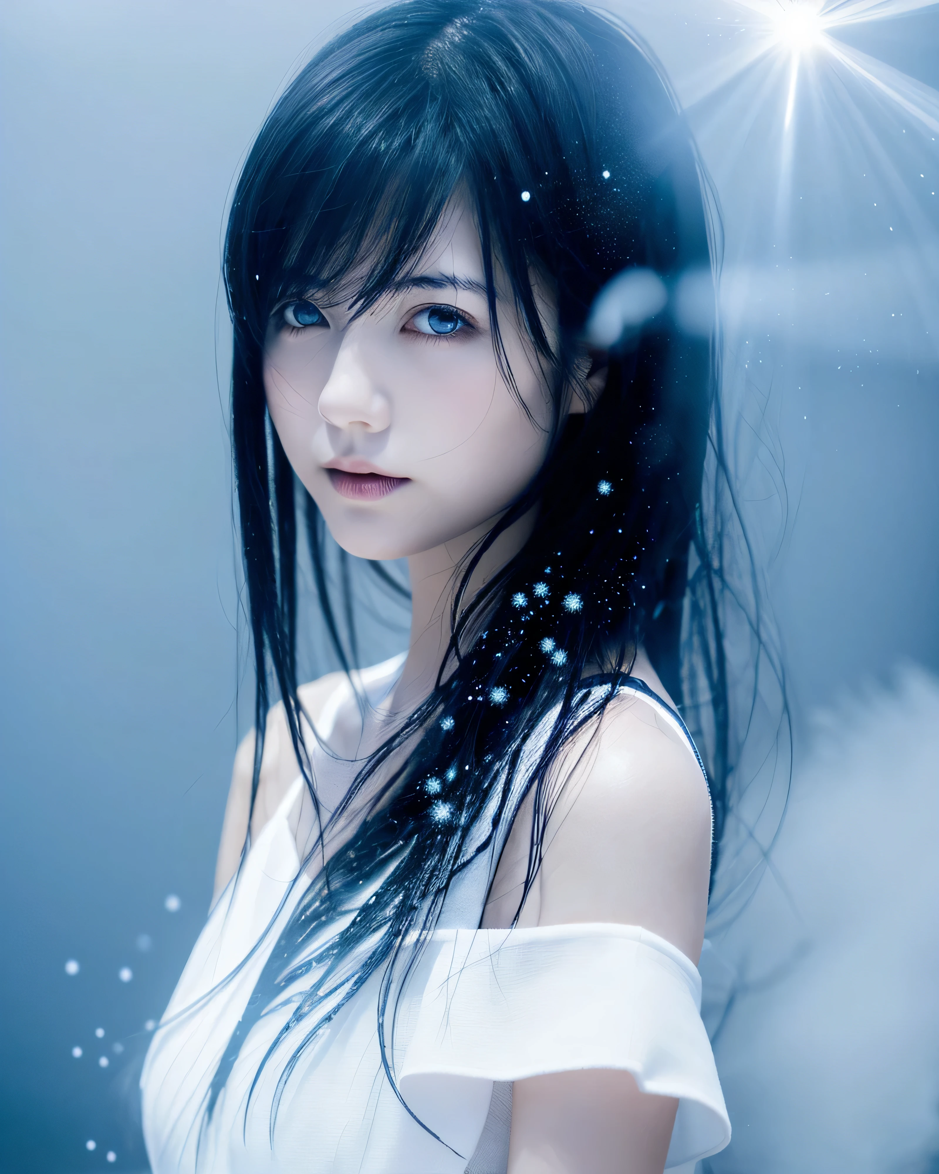 beautiful japanese woman, (whole body:1.2),Simple white dress,black hair, dark blue moist eyes, ice witch, fog, particles of light, light, wallpaper, high contrast, colorful,
