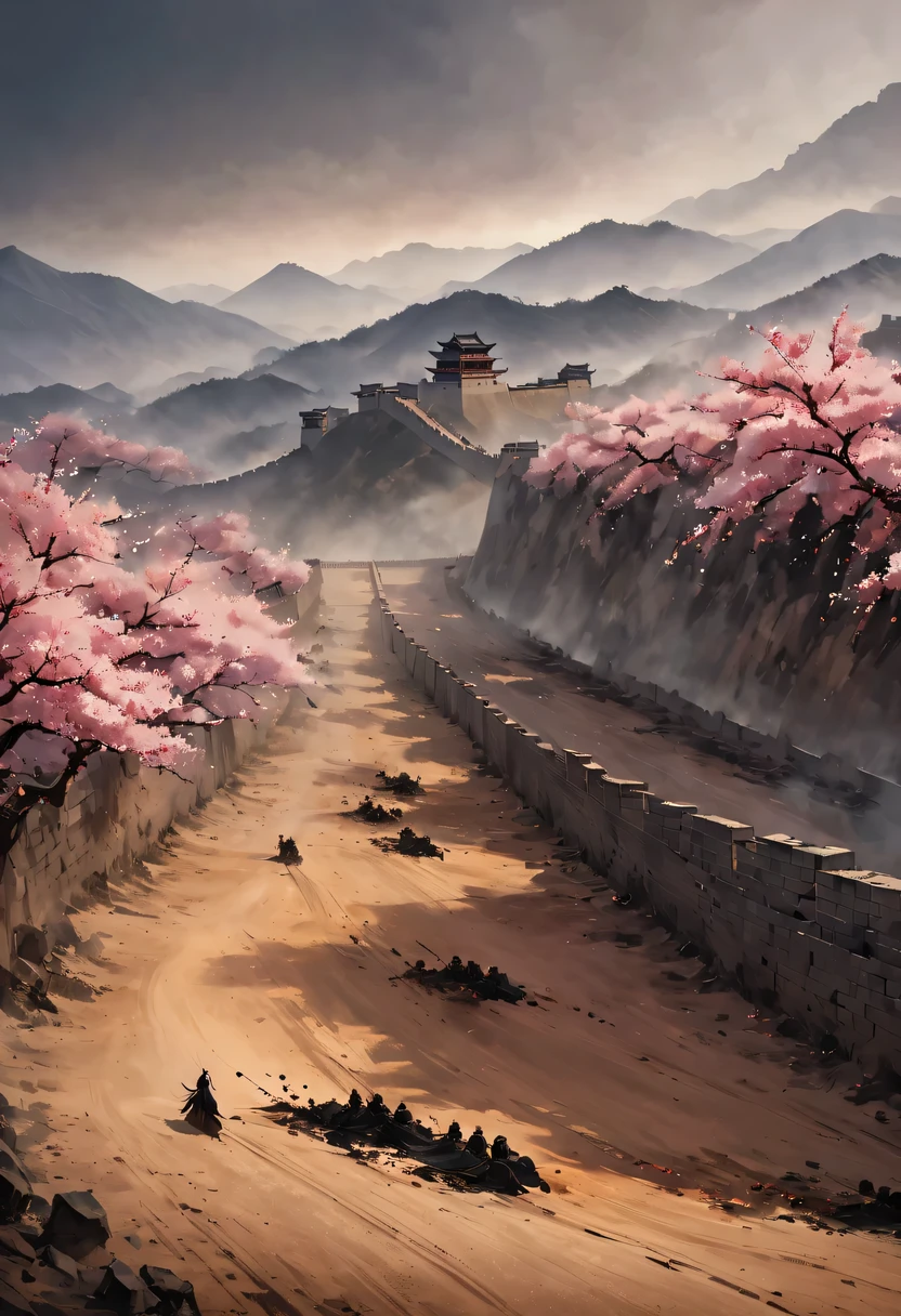 (Ten Miles of Enchanting Peach Blossoms:1.2),The back of a woman with long hair reaching her waist stands under the peach blossom tree,firm eyes, Heqiang,She looked at the Great Wall in the distance, filled with smoke.,flint,blood stained sand,Iron can travel both vertically and horizontally,bodies scattered across the fields,China,Ancient,ink,