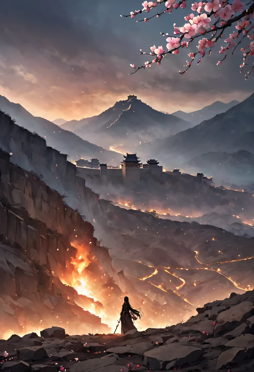 (Ten Miles of Enchanting Peach Blossoms:1.2)，The back of a woman with long hair reaching her waist stands under the peach blossom tree，firm eyes， Heqiang，She looked at the Great Wall in the distance, filled with smoke.，The flames burst into the sky，China，Ancient，ink，