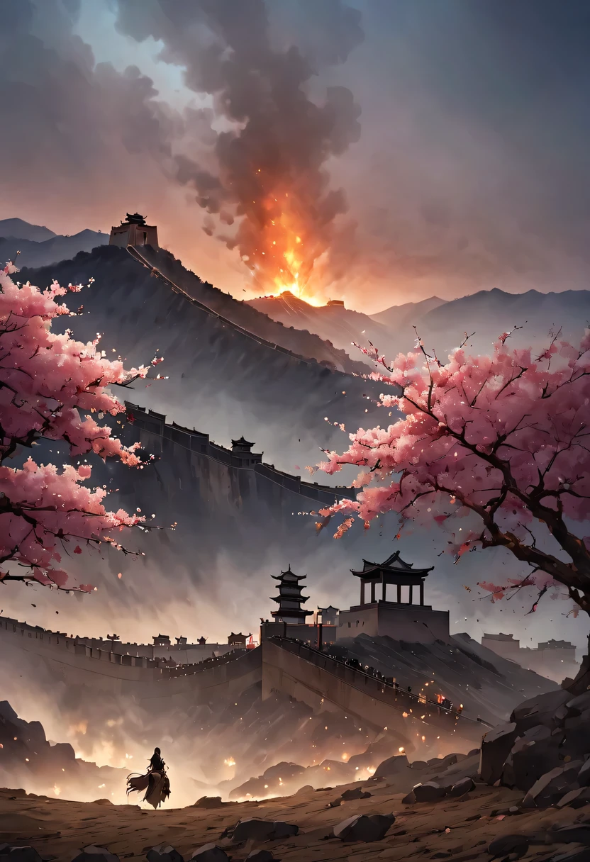 (Ten Miles of Enchanting Peach Blossoms:1.2)，The back of a woman with long hair reaching her waist stands under the peach blossom tree，firm eyes， Heqiang，She looked at the Great Wall in the distance, filled with smoke.，flint，blood stained sand，Iron can travel both vertically and horizontally，bodies scattered across the fields，China，Ancient，ink，