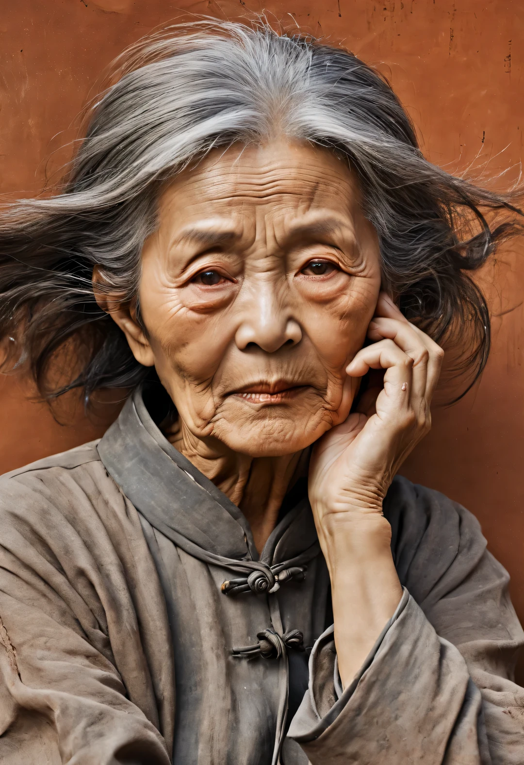 With terracotta warriors and horses art style, portrait,An old Chinese lady,A bit like the old Chinese actor Wang Yumei,Wrinkled face,dark skin,The expressions and eyes of expectant waiting,Gray messy short ear-length hair blowing in the wind,Raise one hand to cover your forehead,look out,(Dynamic action blocks sunlight:1.2)