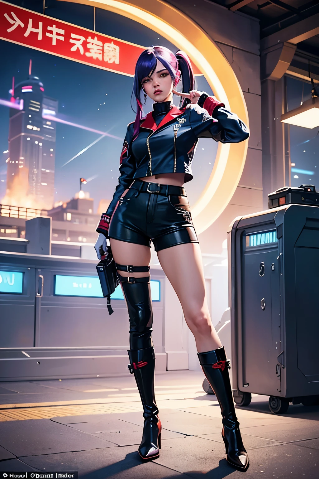 masterpiece, best quality, official Fortnite art, 1 female character, navy blue legs, red boots, red short shirt, black leather jacket, lilac twintails hair, yellow eyes, full body, wide hips, holding a lilac pistol, dynamic pose, train station backdrop, extreme detail, ultra-realistic, colorful, vivid colors, uniform and consistent textures, captured in a photoshoot setting, the epitome of Fortnite character design, expressive and lifelike, captivating and visually stunning.