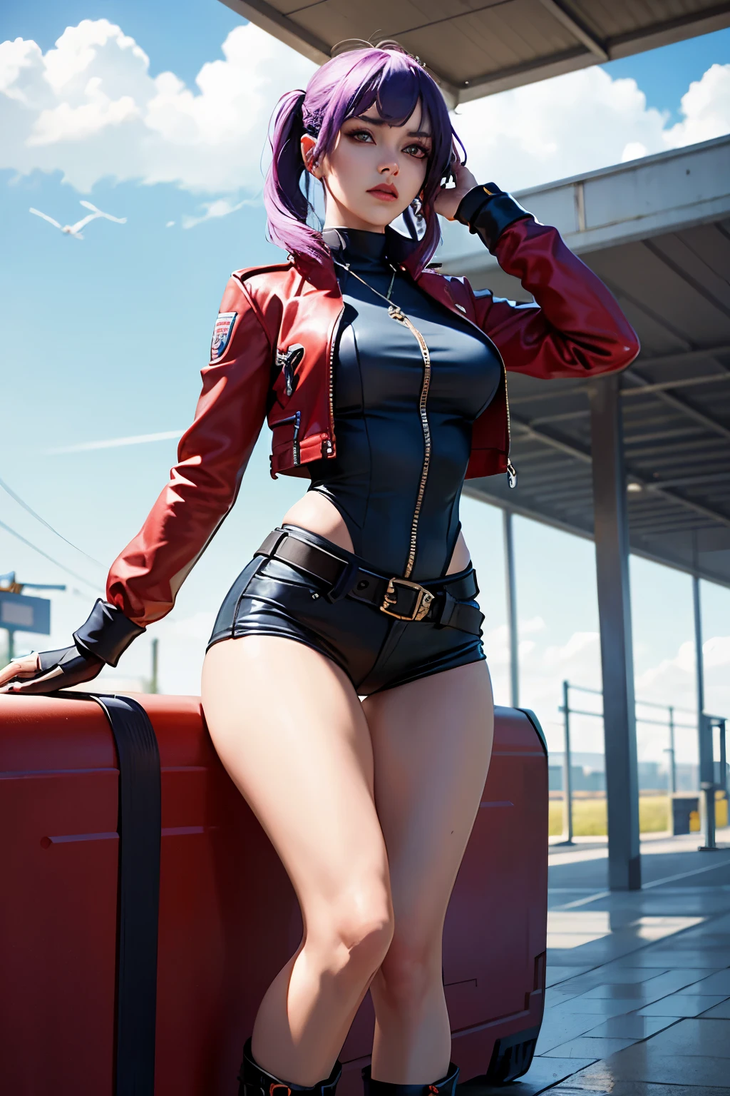 masterpiece, best quality, official Fortnite art, 1 female character, navy blue legs, red boots, red short shirt, black leather jacket, lilac twintails hair, yellow eyes, full body, wide hips, holding a lilac pistol, dynamic pose, train station backdrop, extreme detail, ultra-realistic, colorful, vivid colors, uniform and consistent textures, captured in a photoshoot setting, the epitome of Fortnite character design, expressive and lifelike, captivating and visually stunning.