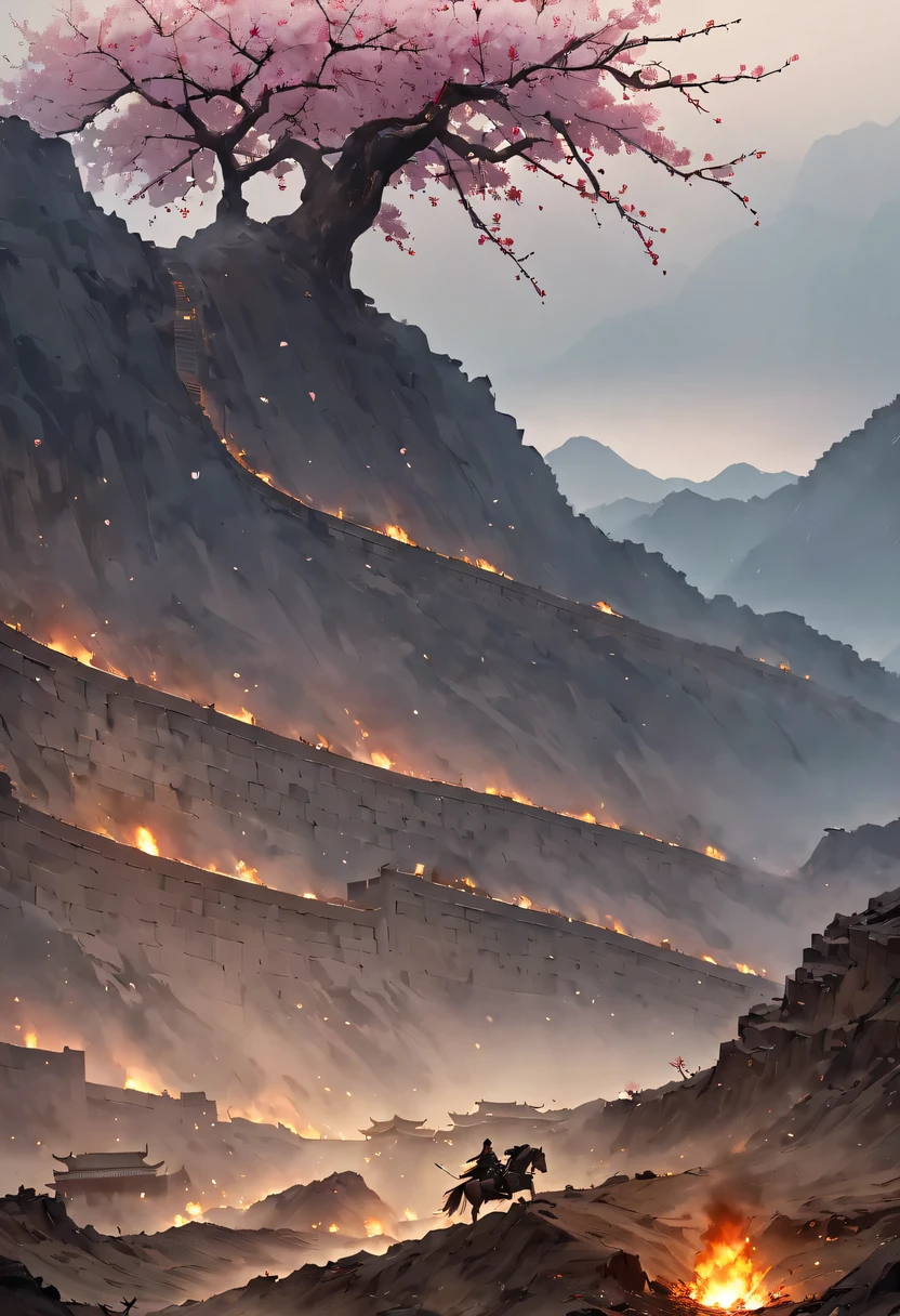 (Ten Miles of Enchanting Peach Blossoms:1.2),The back of a woman with long hair reaching her waist stands under the peach blossom tree,firm eyes, Heqiang,She looked at the Great Wall in the distance, filled with smoke.,flint,blood stained sand,Iron can travel both vertically and horizontally,bodies scattered across the fields,China,Ancient,ink,