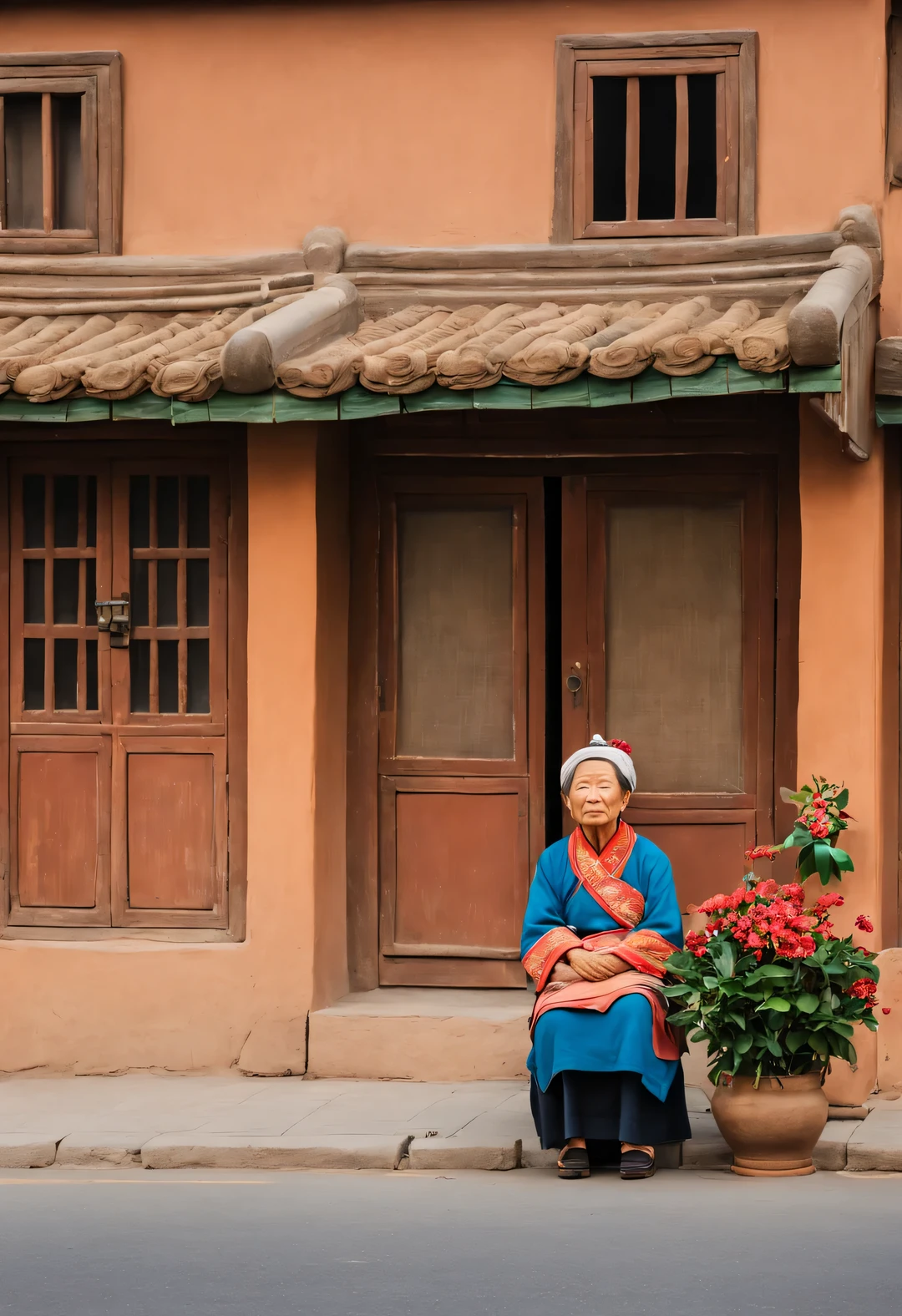 With terracotta warriors and horses art style,On the main road in the village,An old Chinese mother anxiously waits for her children to return home for the holidays
